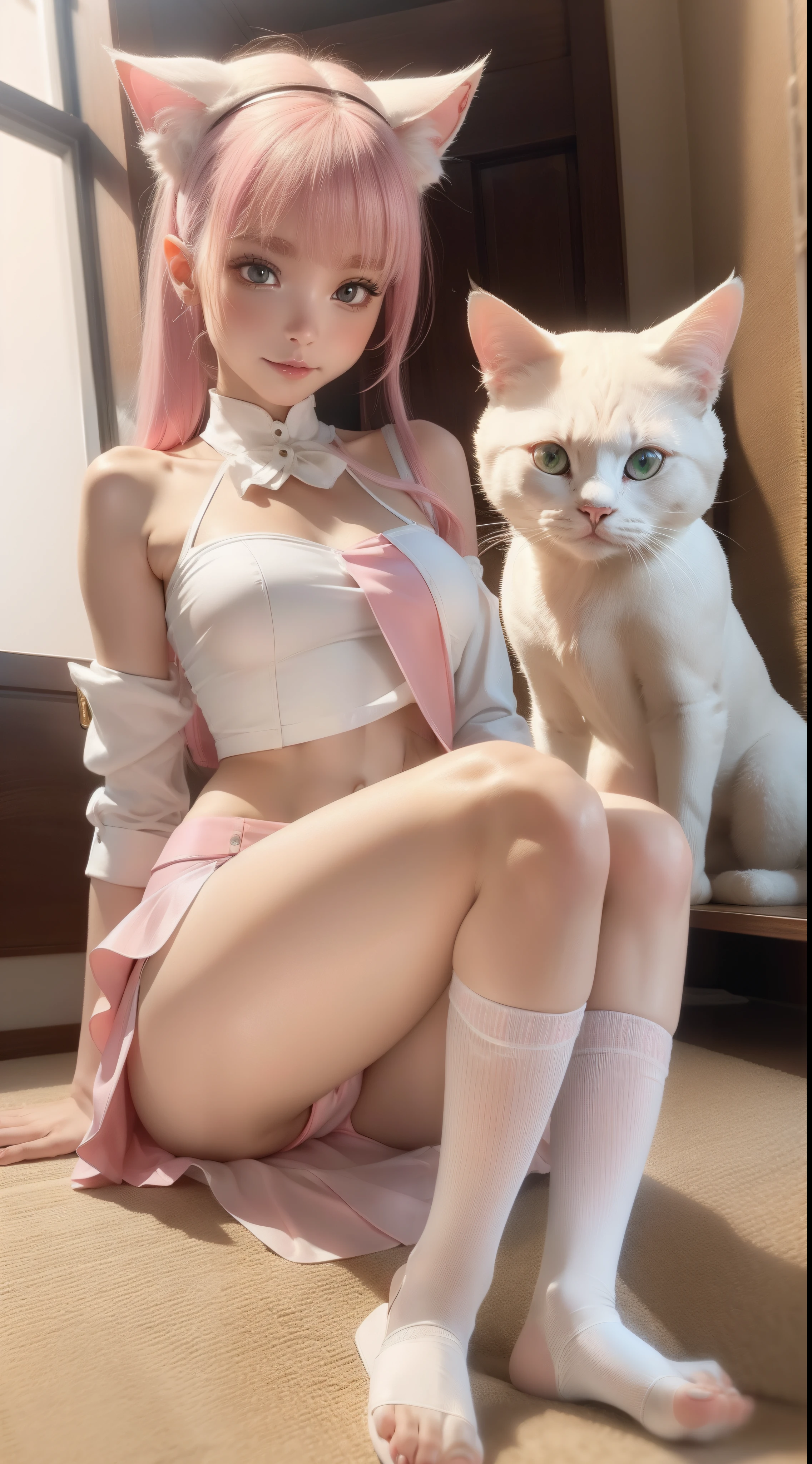 White silk cat-eared beautiful girl jade feet with bare ,Pink miniskirt