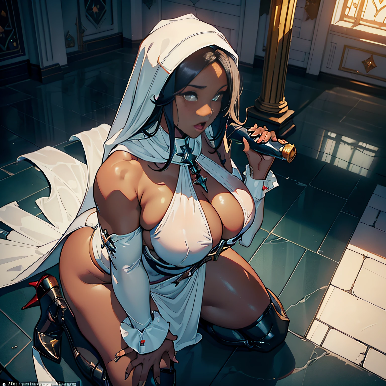 (high resolution, The pixels are perfect, luxurious illustration), (hyper qualit, Masterpiece, Ethereal: 1.4), (open mouth:1.4),(((naked tabard))),(((solo:1.4))),(((implied handjob:1.4))), nun,(((kneeling))),head scarf,(((in white church))),mature female,Black areola,female public hair,(((Breasts seem to overflow from the tabard))),wetted skin,(((A MILF: 1.4))), (Curvy:1.35),((((Dark skin)))),long hair,Curvy physique, Fitness model, Thick body,((Sexual suggestiveness)),looking at viewer,high-heels,from above