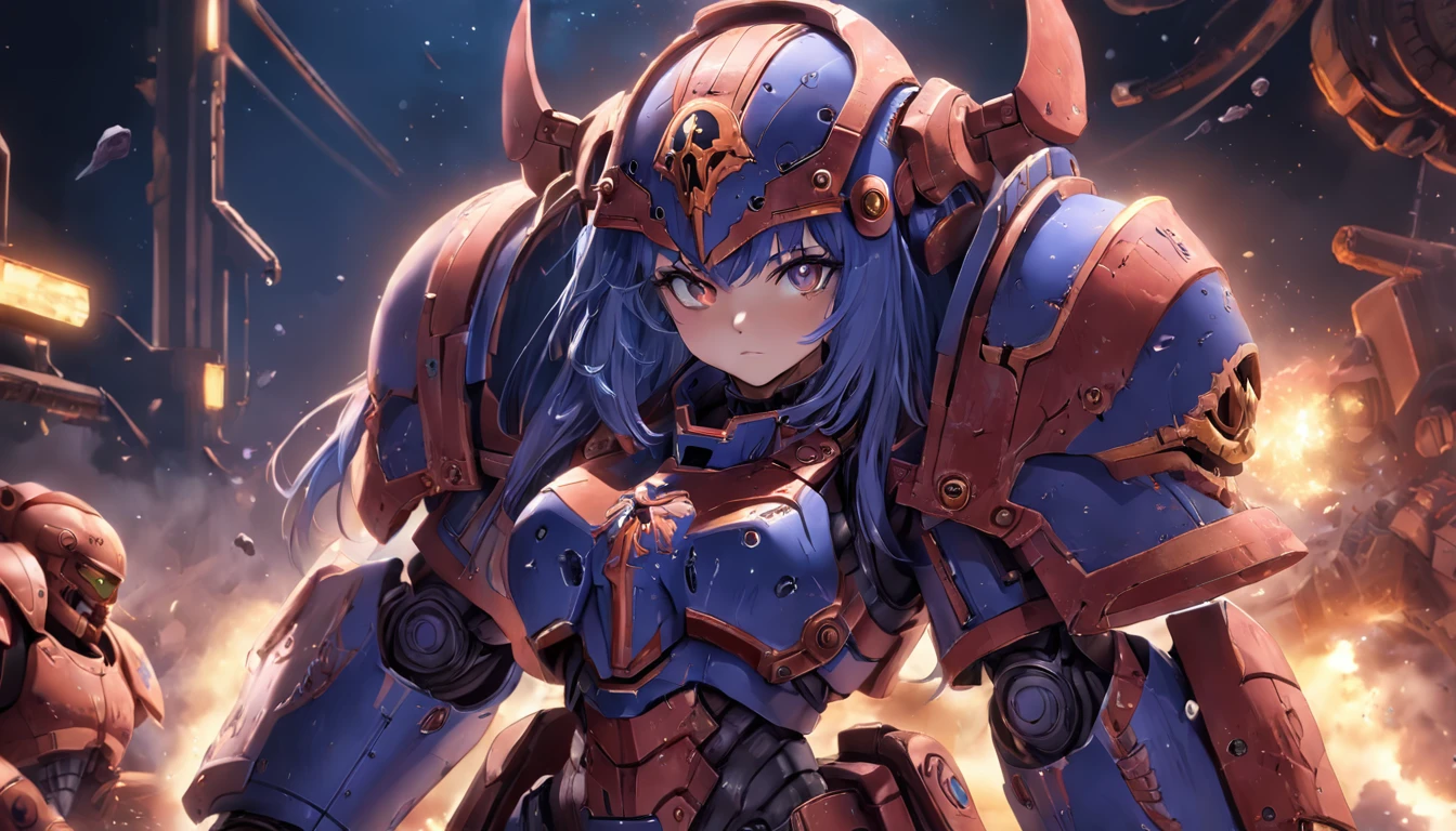 ((best quality)), ((masterpiece)), (detailed), beautiful face, female chaos marine, (defiance512:1.2), big eyes, heavy space marine armor, detailed helmet, intense gaze, battle-ready, contrasting soft skin, (lighting:1.2), warhammer 40k,