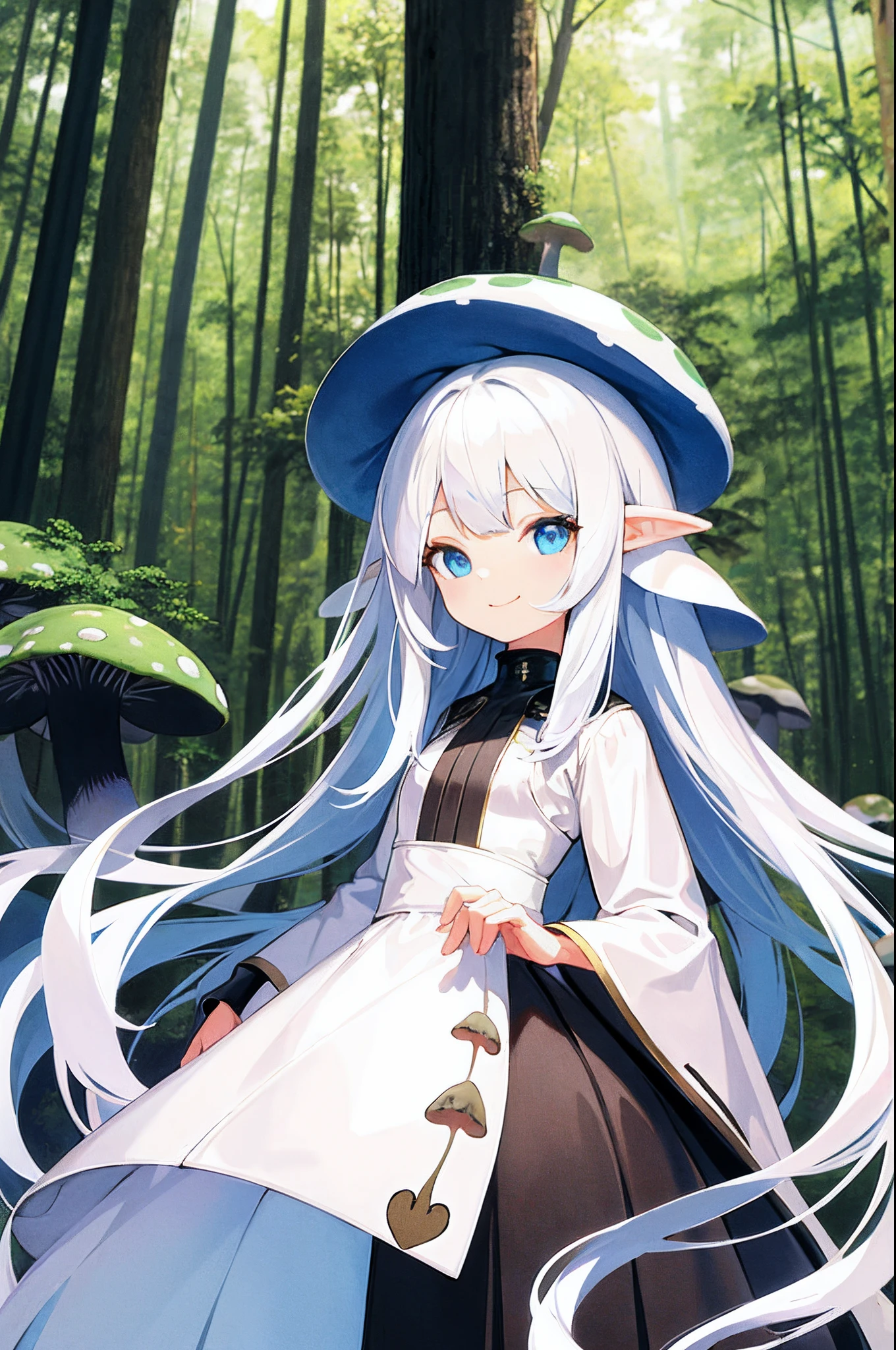 best quality, extremely detailed, girl, white long hair, blue eyes, brown mushroom on head, add_detail:0.5, smile, detailed face, forest background, chibi mushroom