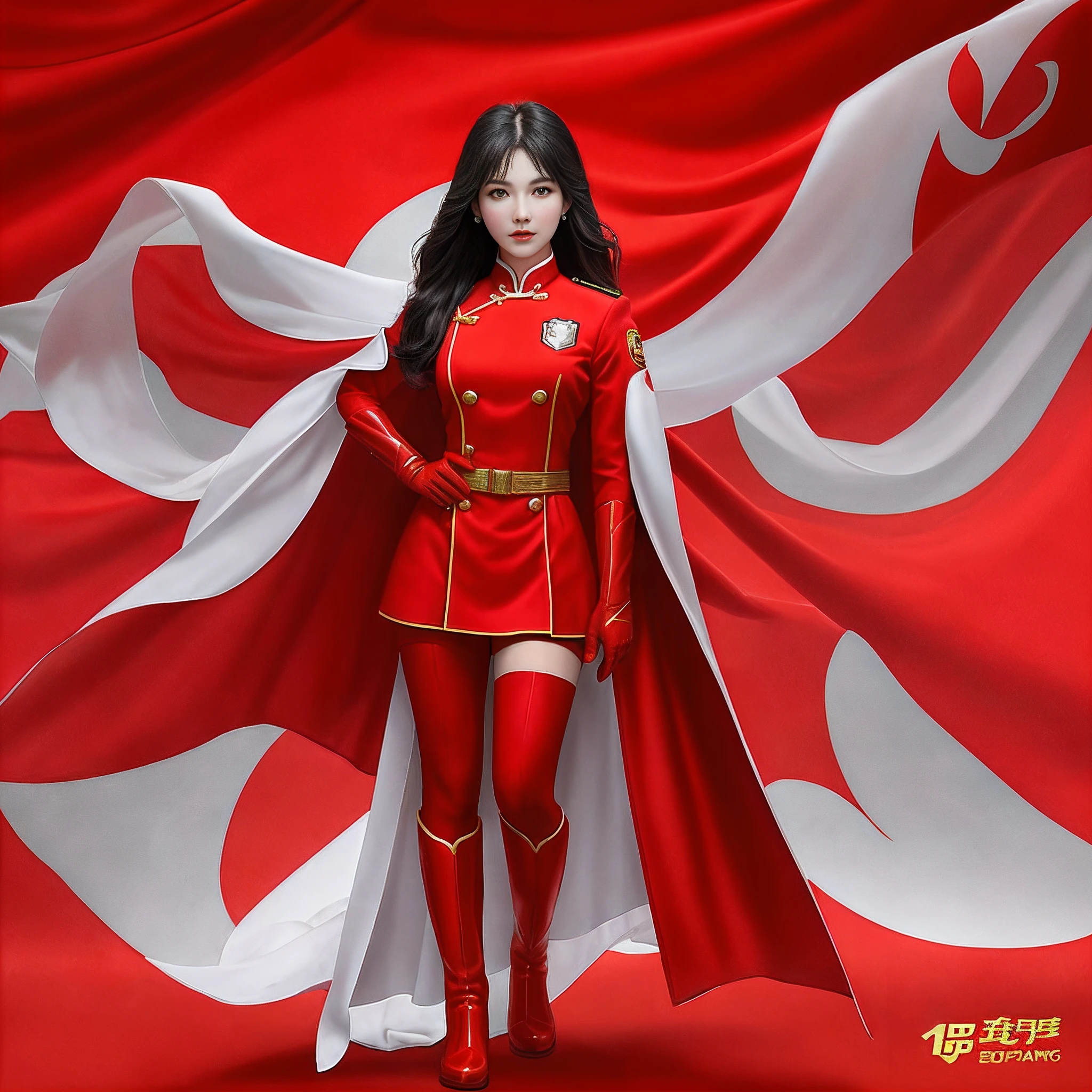 High-end CG superhero five-star red flag girl wearing exquisite Chinese five-star flag logo uniform，Wear red gloves on both hands+Wear red boots on your feet+National flag，The whole body exudes the superpowers of a five-star red flag girl，，，soio，Full body shooting CG superpowers