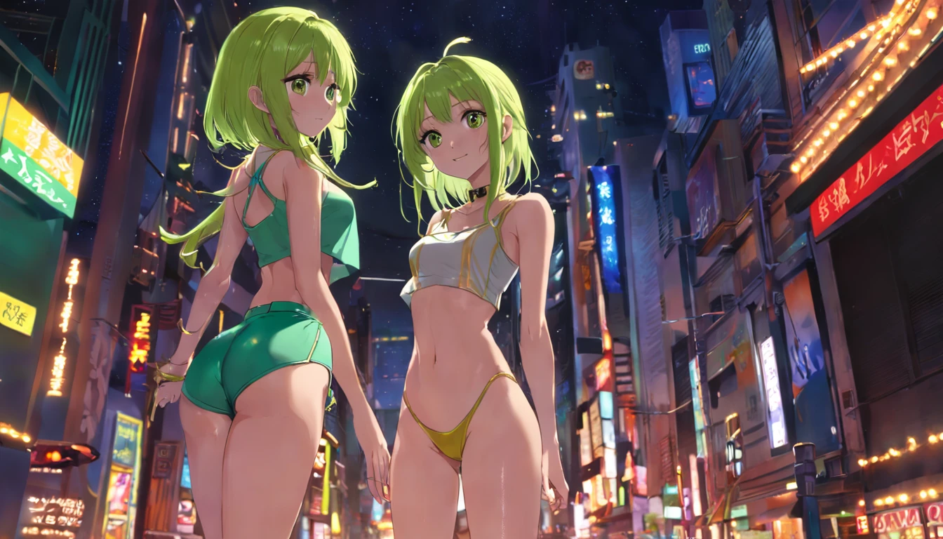 sexy pose, 2Girl, (((20 years))), {Metallic gold hair | 2$$Lime green hair}, and {Skinny pants | Bermuda shorts}, __hair_color_colored__ , and __clothing_female_legs__, night light, Night, realistic light, smile, looking viewer,
(((perfect eyes)))
