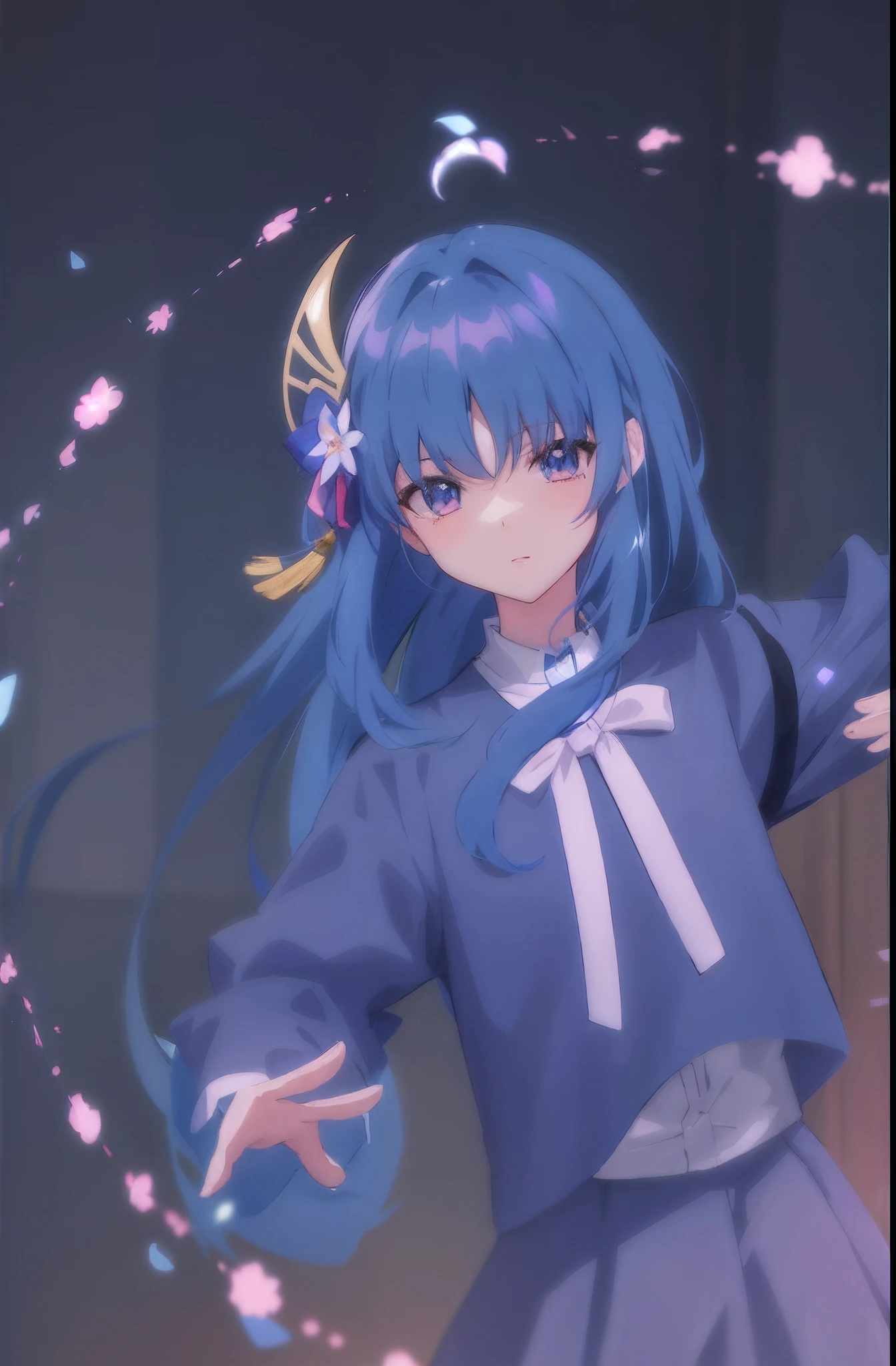 Anime girl with blue hair and blue dress holding blue bag, anime moe art style, Ayaka Genshin impact, drawn in anime painter studio, anime style like fate/stay night, rendered in 4 k, made with anime painter studio, ayaka game genshin impact, tsuaii, Keqing from Genshin Impact, anime visual of a cute girl