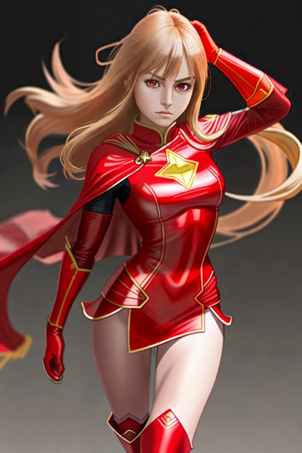 Ultra-clear and realistic
girl，Transform into a Chinese five-star red flag uniform，Red cape+Red gloves red flag pattern boots，，Superhero Five Star Flag Girl Power Full Body Stand Shooting