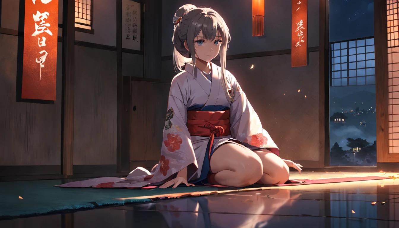 Realistic photo of 4 7-year-old Japanese geisha girls with short black hair wearing ornaments stroking her and panties,Sitting on the ground, with his legs extremely wide apart, he is masturbating;Wearing extremely complex colorful yukata,ssmile,His face was slightly red,The left eye is red,The right eye is blue,photo-realistic face;Wear white cloth socks,Wear straw shoes,Flat chest,Small pink ,Shirtless;natta,In the courtyard,The courtyard is lit with a lampstand,full of lights;8k high res,Pubic area is clear,realistic detail,tmasterpiece