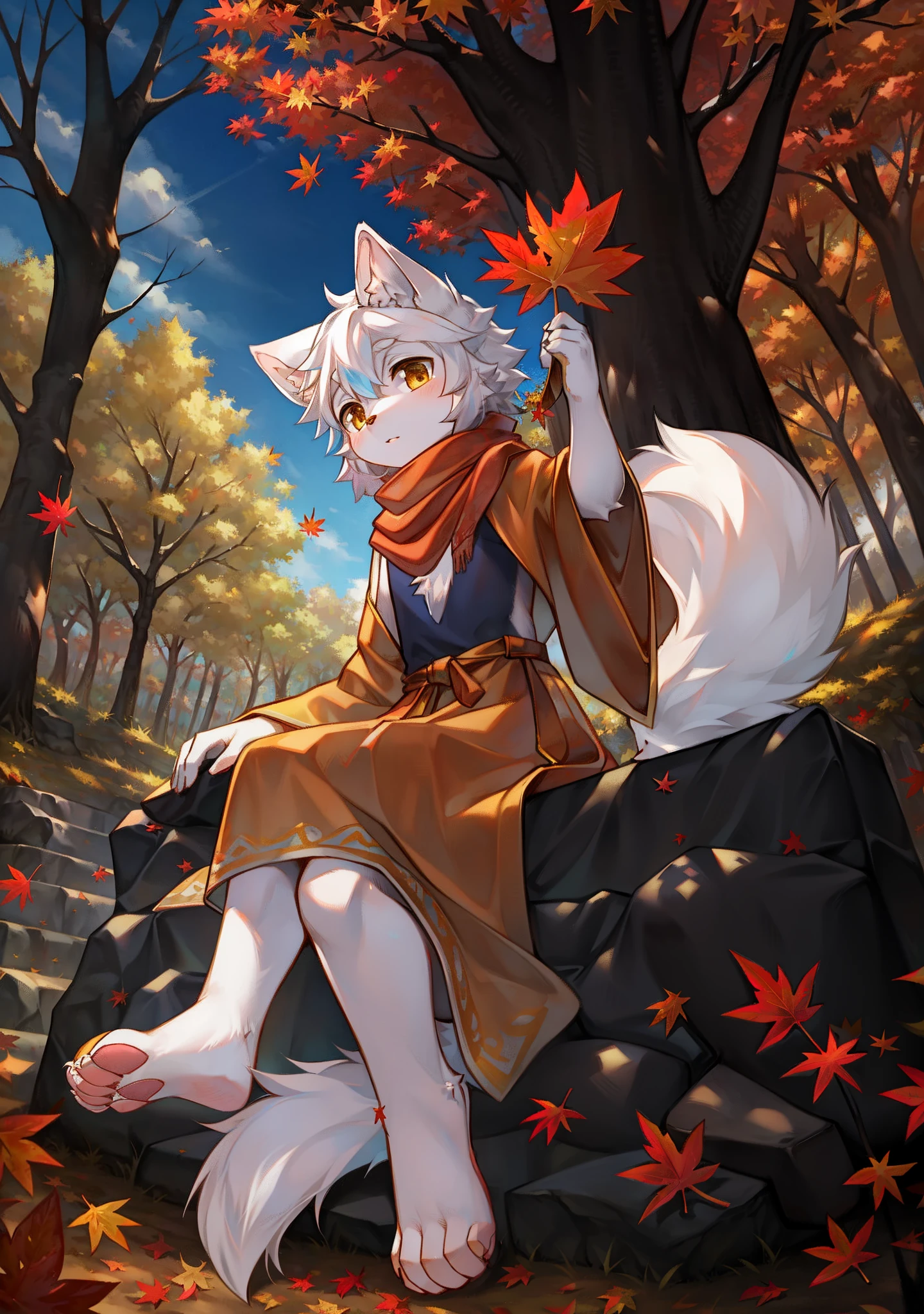 A white wolf，orange robe，orange scarf，Maple Grove，Maple leaves，Maple leaves are all over the ground，clear blue skies，Shota，adolable，suns，solo person，Look into the distance，In the woods，maple trees，flowing robe，Flowing scarf，Beautiful picture，Falling maple leaves，Maple leaves cover the ground，Fluffy white tail，Fluffy hair，Sit on the stone steps，Maple leaves float in the air，Yellow leaves float in the air，autumnal，Maple leaf in hand，lift the foot，Pink meat pad，two feet