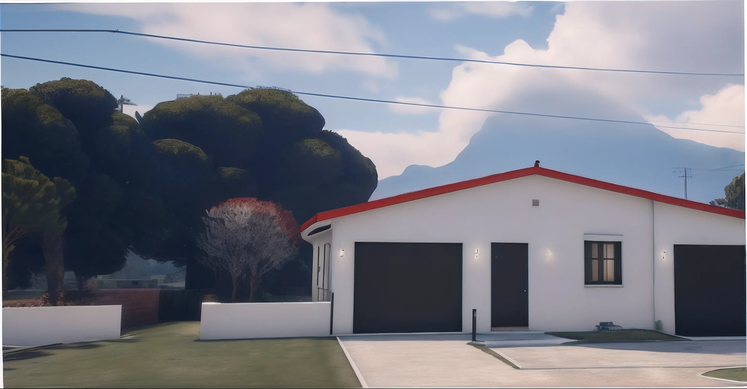 There is a white house with a red roof and a red roof, ((gta 5 casa screenshot)), renderizado no lumion pro, captura de tela fotorrealista, [ Fotorrealismo 4K ], realista estabelecendo tiro, semi-realistic rendering, renderizado em lumion, fully detailed render, em estilo de realismo simplificado, renderizado em unreal engine 3d, cena hiper detalhada