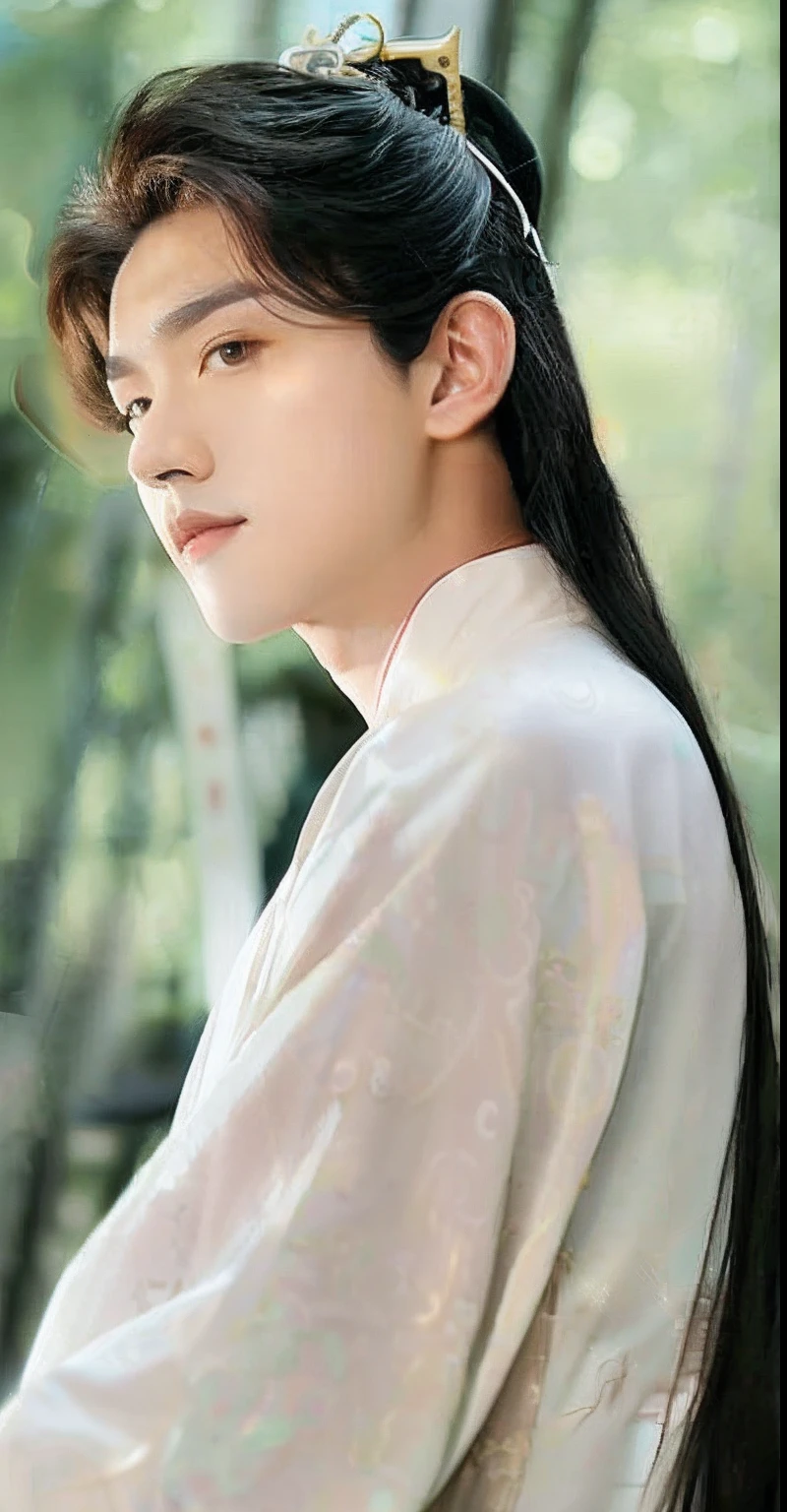 Close-up of a man with long hair in a white shirt, Cai Xukun, Inspired by Zhang Han, inspired by Chen Daofu, inspired by Gu An, Delicate androgynous prince, Inspired by Huang Ji, Inspired by Tang Yifen, Beautiful androgynous prince, inspired by Huang Gongwang, Inspired by Bian Shoumin