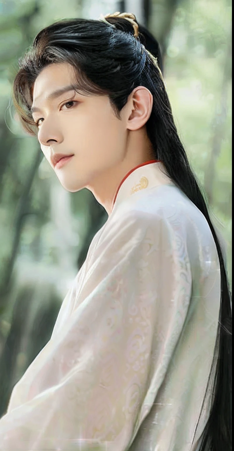 Close-up of a man with long hair in a white shirt, Cai Xukun, Inspired by Zhang Han, inspired by Chen Daofu, inspired by Gu An, Delicate androgynous prince, Inspired by Huang Ji, Inspired by Tang Yifen, Beautiful androgynous prince, inspired by Huang Gongwang, Inspired by Bian Shoumin