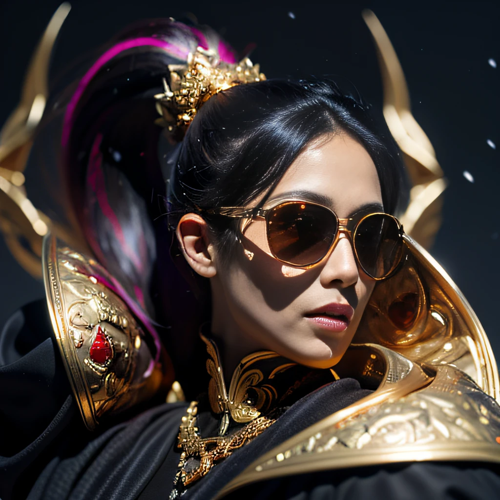 When it snows late at night，32K（tmasterpiece，k hd，hyper HD，32K）Purple-pink double ponytail，flower stick，Indigo Skull King ，Mahogany steering wheel （The skeleton is realistic：1.4），Crocodile pattern robe，Rusty skull ornaments，Sargin linen cloak，Petals flutter，Deep gold sunglasses，Hold your head high，Be proud，The nostrils look at people，A primary and secondary school student， A high resolution，Xueba， the detail， RAW photogr， Sharp Re， Nikon D850 Film Stock Photo by Jefferies Lee 4 Kodak Portra 400 Camera F1.6 shots, Rich colors, ultra-realistic vivid textures, Dramatic lighting, Unreal Engine Art Station Trend, cinestir 800，Hold your head high，Lateral face，Be proud，The nostrils look at people，Tsundere，Petals flutter，Petals flutter，Crocodiles sprinkled with gold dust，Fluttering，Impeccable，( reasonable design, Clear lines, High sharpness,Best quality, Very detailed skeleton, The skeleton of a masterpiece, offcial art, movie light effect, 8K crocodile skeleton（（（Platinum marble sunglasses）））Deep gold sunglasses，side portrait