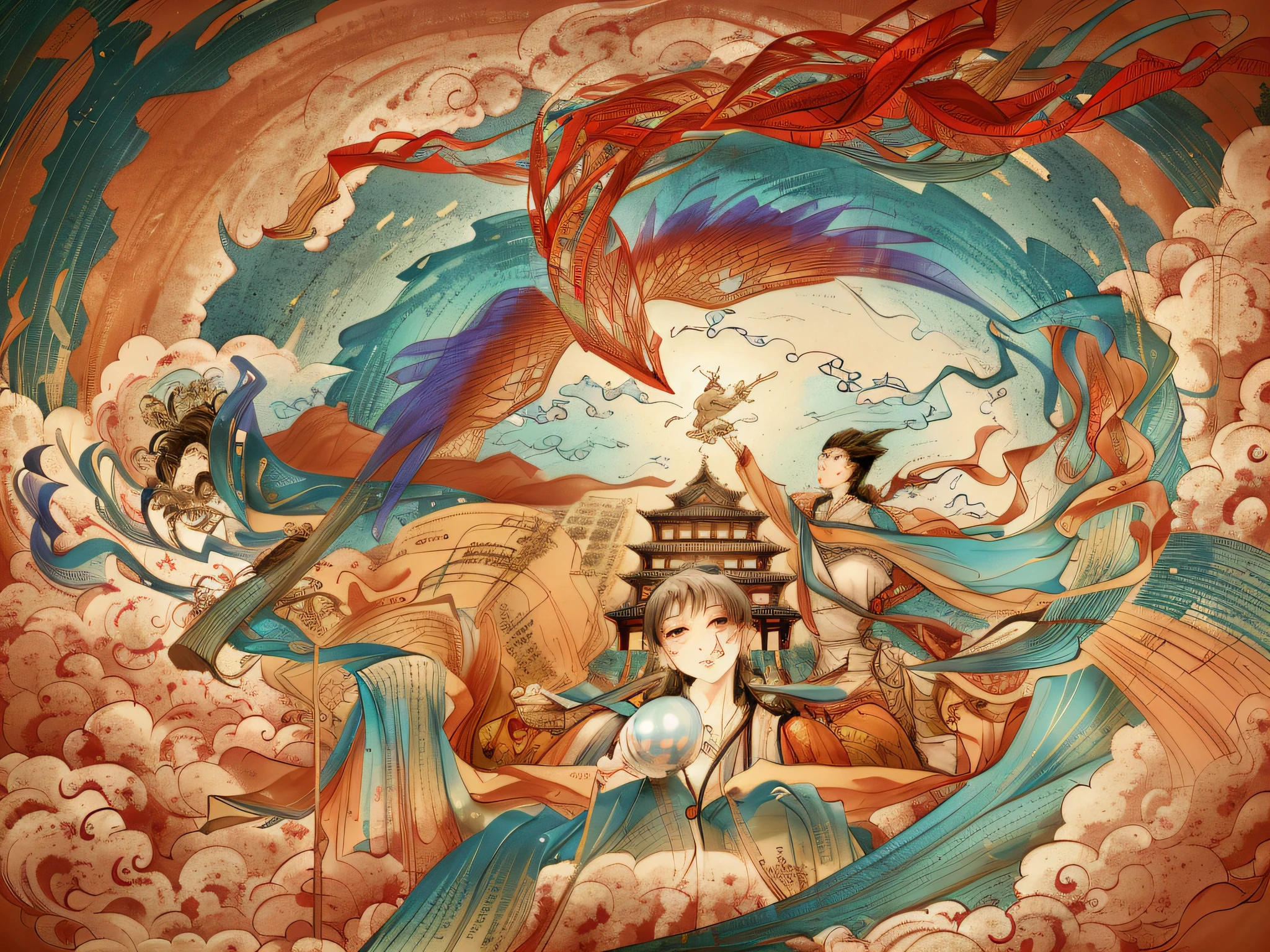 dunhuang,ribbons, A vast scene in the center of the composition, Best shot, Dunhuang mural style, Flying statues,Chinese landscape painting, Created by artists Hajime Sorayama and Victo Ngai.,High detail,Fine texture