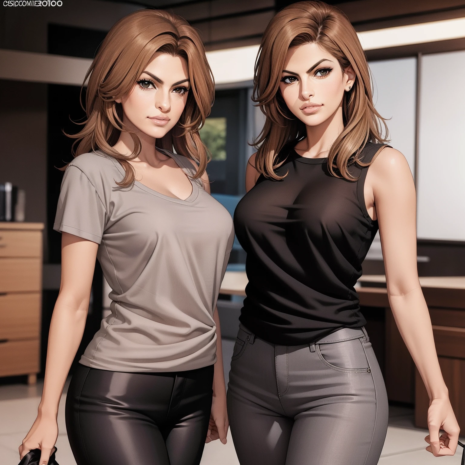 Eva Mendes, cabelo longo marrom, wearing a gray T-shirt and black pants, seios enormes, corpo sexy, desenho de corpo inteiro, alta resolução, design de anime Naruto