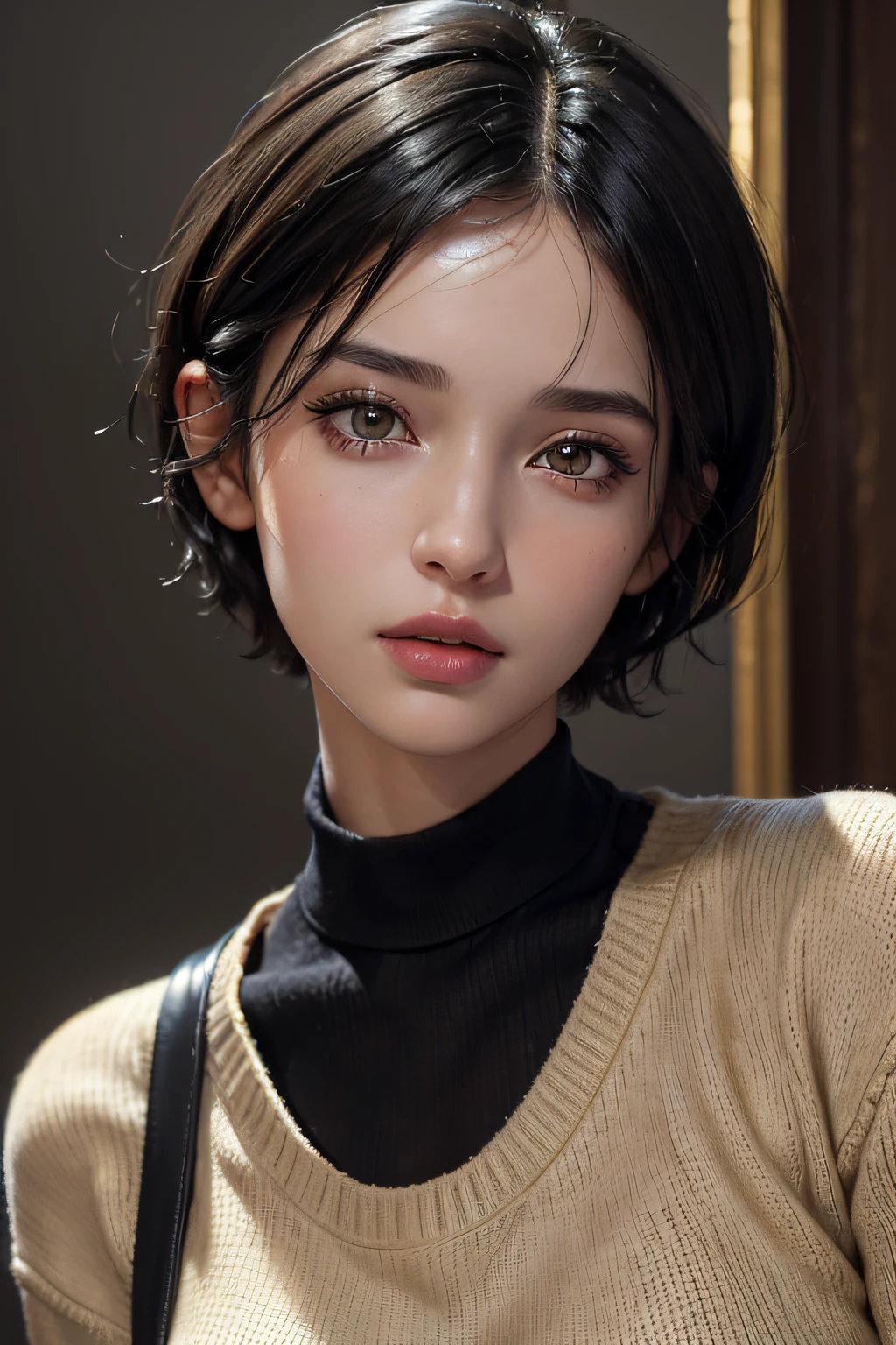(masterpiece:1.3), (8k, photorealistic, RAW photo, best quality: 1.4), (1girl), beautiful face, (realistic face), (black hair, short hair:1.3), beautiful hairstyle, realistic eyes, beautiful detailed eyes, (realistic skin), beautiful skin, (sweater), absurdres, attractive, ultra high res, ultra realistic, highly detailed, golden ratio