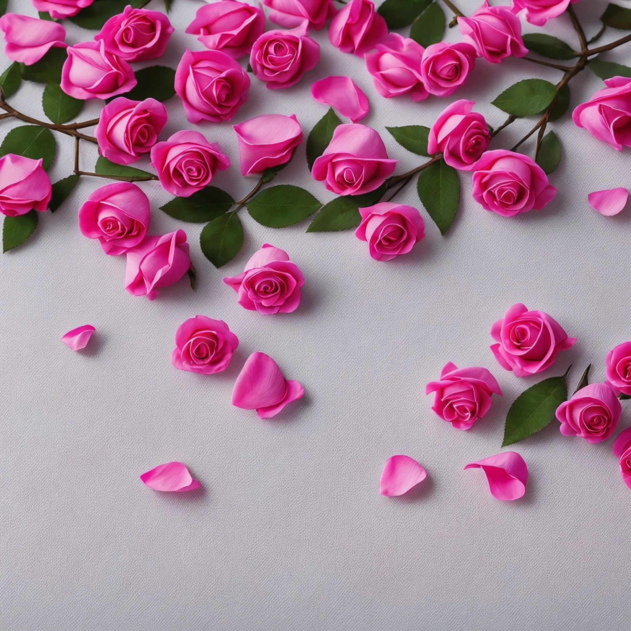 , True pink Rose small petals spread randomly on white material fabric clean background, realistic , 8k bright image, super resolution --auto