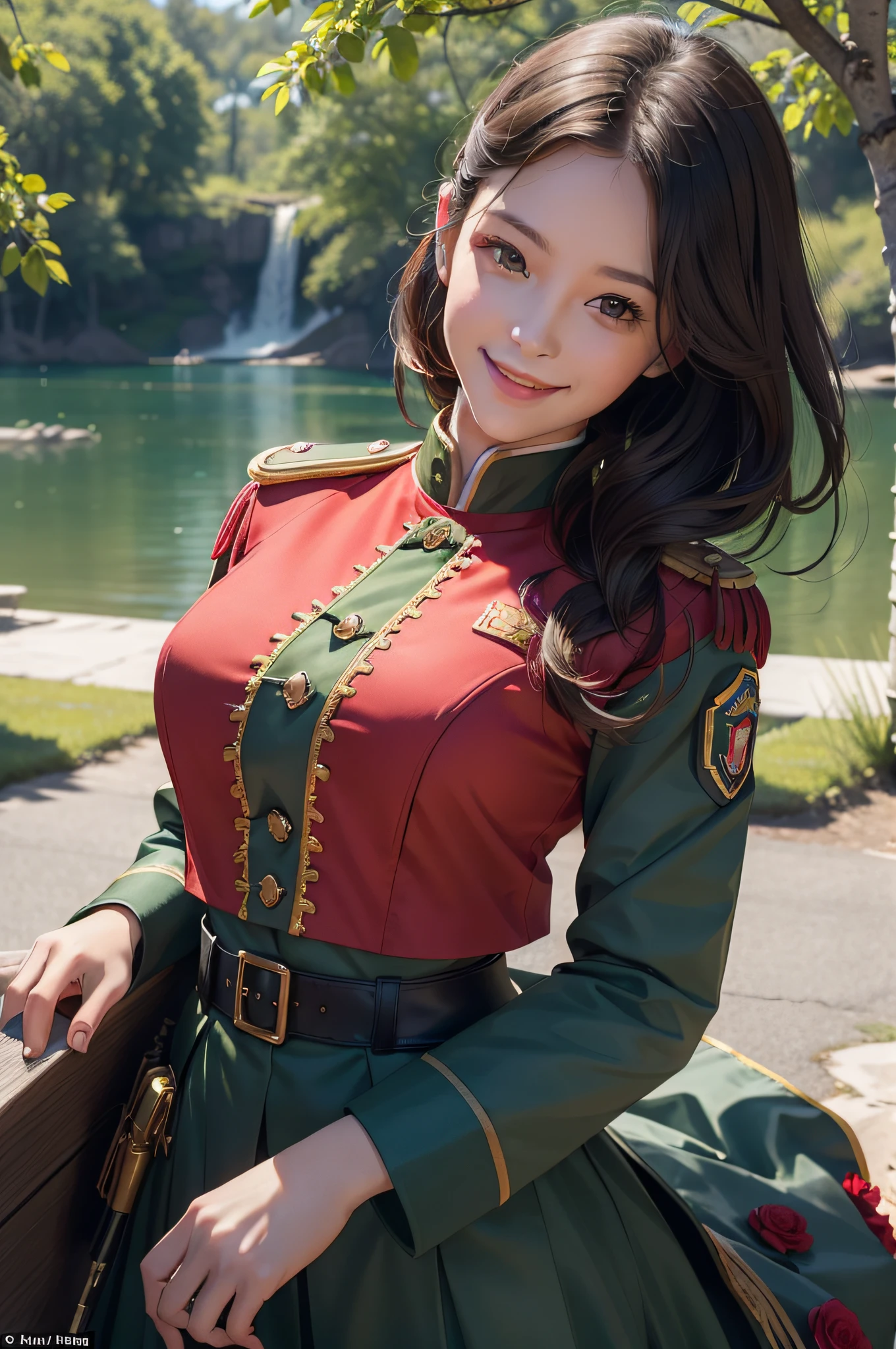 A beautiful girl,A sweet smile,(Face details:1.6),(Red epaulettes:1.6),(Fighting posture:1.3),Wearing a green military uniform,fresh flowers,lakes,parks