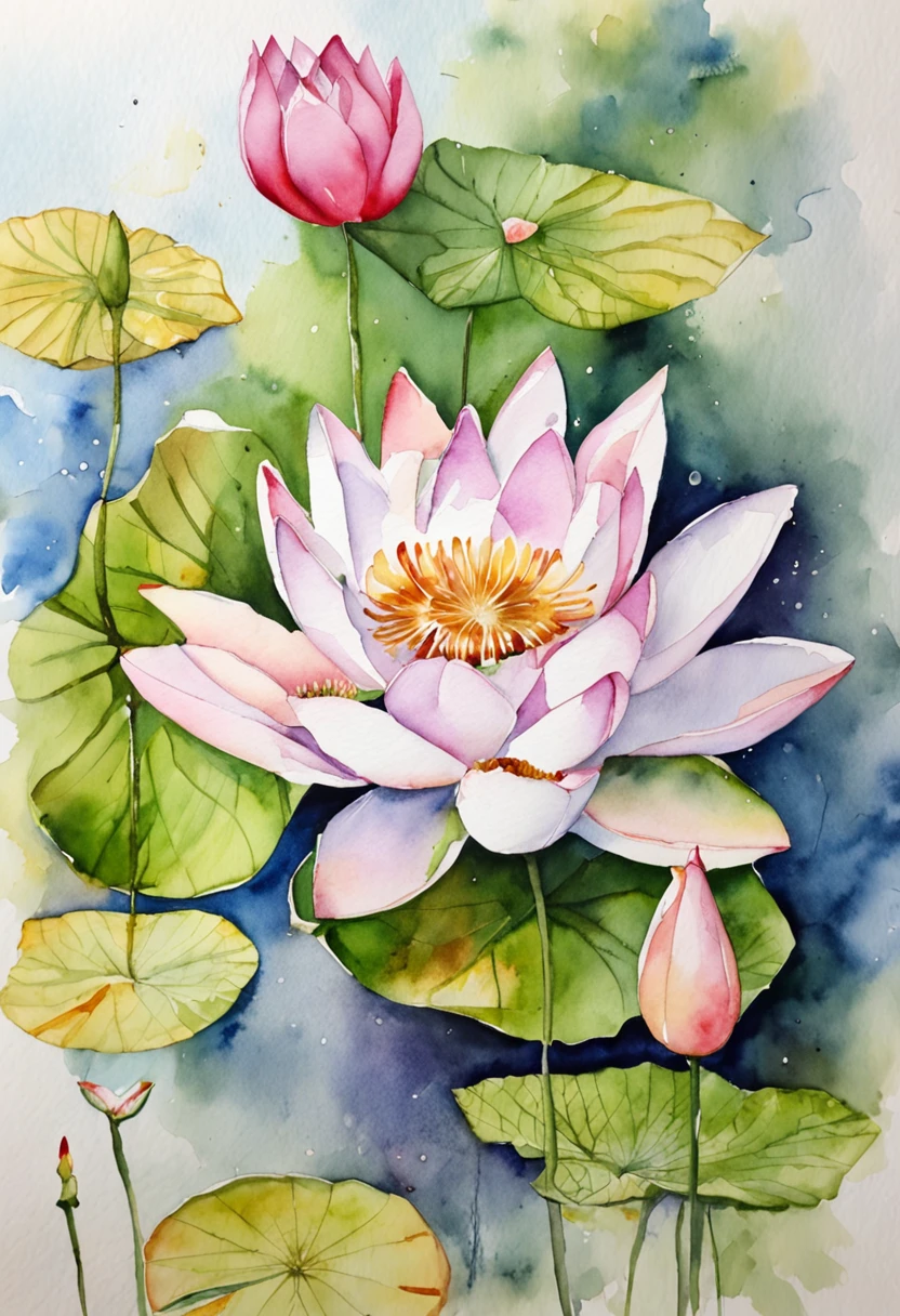 Painting of a watercolor of a pink lotus flower with green leaves ...