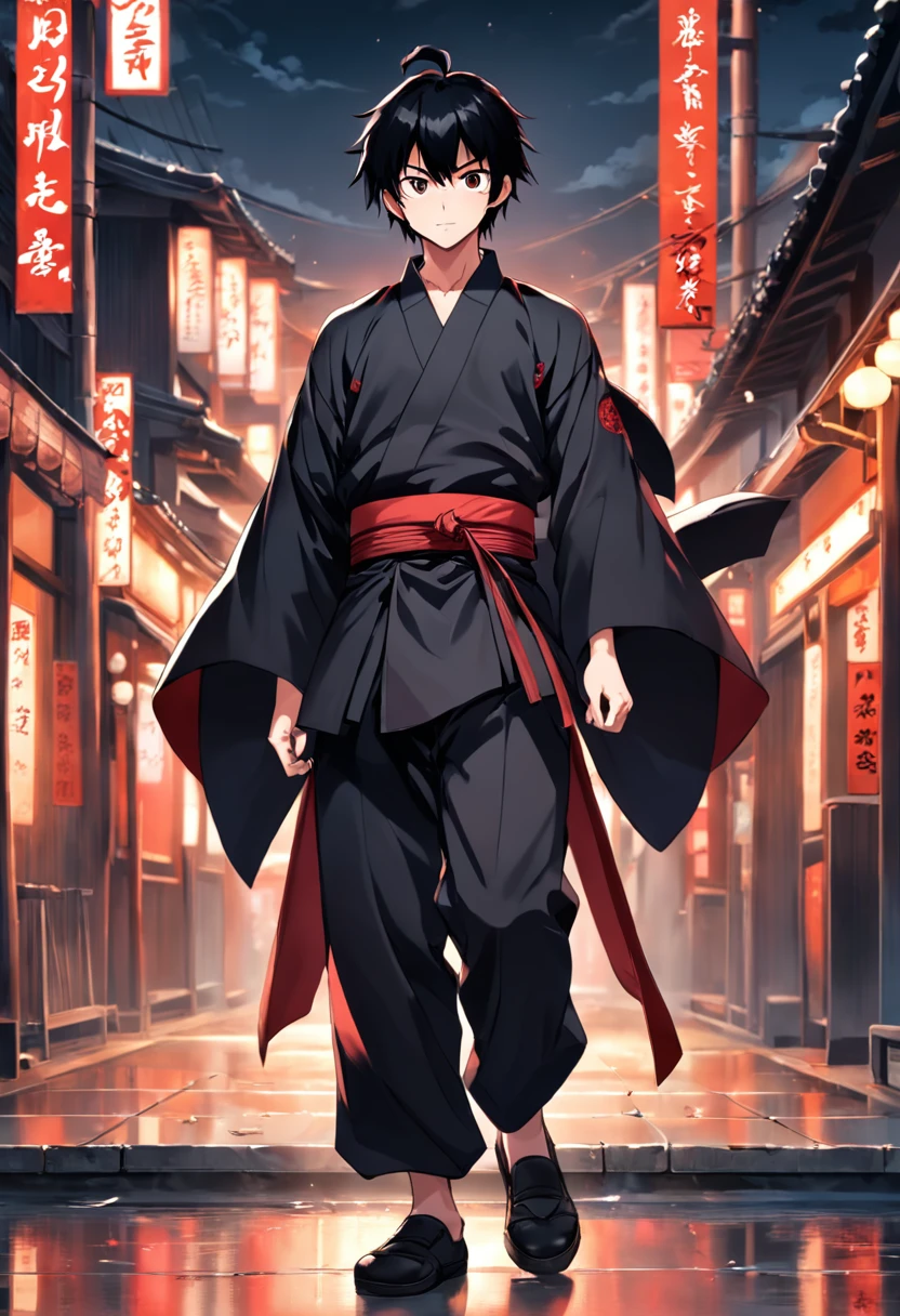 A -yeld boall guy,Black color hair,With bangs,Slightly longer hair,The eyes are crimson,inside, He was wearing a black shirt,Wear loose black kendo pants,The pants are relatively long,The outside is covered with black haori,It has red maple leaves on it,which stands on the street,Handsome,Relatively thin,He carries two knives behind his back,Wear black boots