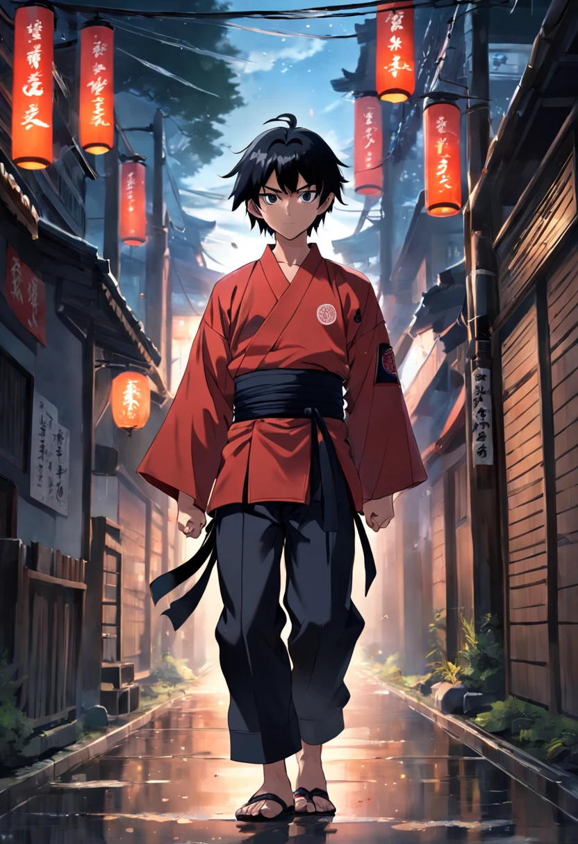A 17-year-old boy，Tall guy，Black color hair，With bangs，Slightly longer hair，The eyes are crimson，inside, He was wearing a black shirt，Wear loose black kendo pants，The pants are relatively long，The outside is covered with black haori，It has red maple leaves on it，which stands on the street，Handsome，Relatively thin，He carries two knives behind his back，Wear black boots
