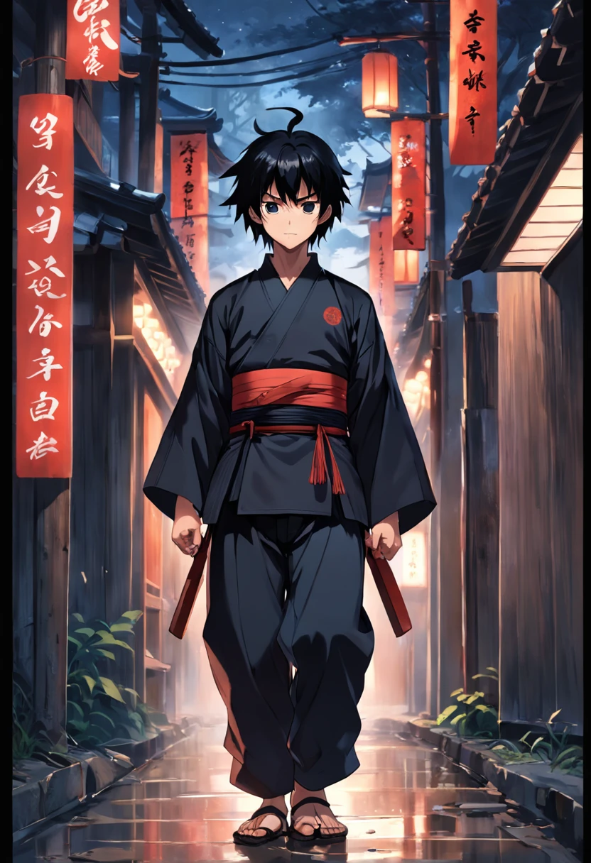 A -yeld boall guy,Black color hair,With bangs,Slightly longer hair,The eyes are crimson,inside, He was wearing a black shirt,Wear loose black kendo pants,The pants are relatively long,The outside is covered with black haori,It has red maple leaves on it,which stands on the street,Handsome,Relatively thin,He carries two knives behind his back,Wear black boots