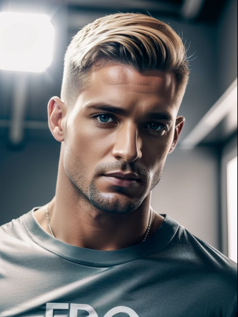 Crie uma ((fotografia realista)) of a handsome (homem de 50 anos), homem (blonde with short military hair), homem com (corpo definido),  (((wearing cargo pants e um t-shirt))), ((casual clothing)), de alta qualidade, (qualidade intrincada), (detalhes intrincados), (destaque o homem no centro da foto), em uma (pose sexy e masculina), use uma ((luz intensa difusa sem sombras)), rosto perfeitamente iluminado, foco nos olhos brilhantes e cor de mel, Highlight the big natural lips and big nose, use a melhor qualidade:  big nose, chromatic aberration abuse, UHD, retina, masterpiece, ccurate, (((anatomically correct))), textured skin, super detail, high details, high quality, award winning, best quality, highres, 1080P, HD, 4K, 8k, 16k --q 5