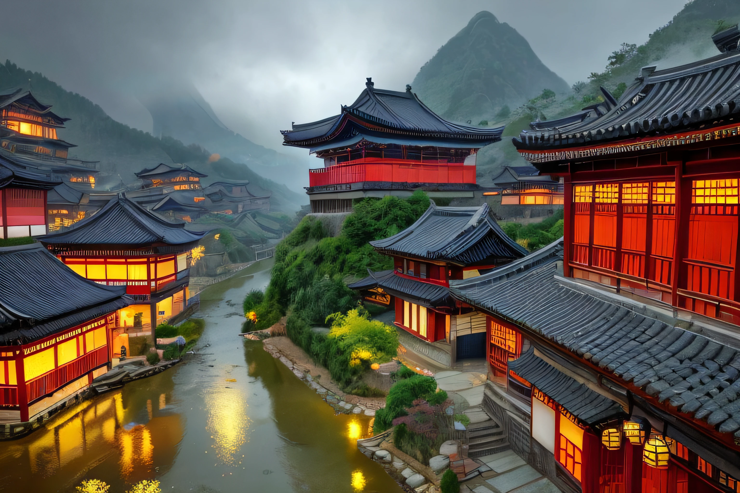 arafed view of a village with a lot of lights on the buildings, dreamy chinese town, chinese village, amazing wallpaper, japanese town, japanese village, hyper realistic photo of a town, old asian village, japanese city, by Raymond Han, rainy evening, cyberpunk chinese ancient castle, beautifully lit buildings, at evening during rain, beautiful and aesthetic, photography, cinematic, 8k, high detailed ((Heavy rain)))