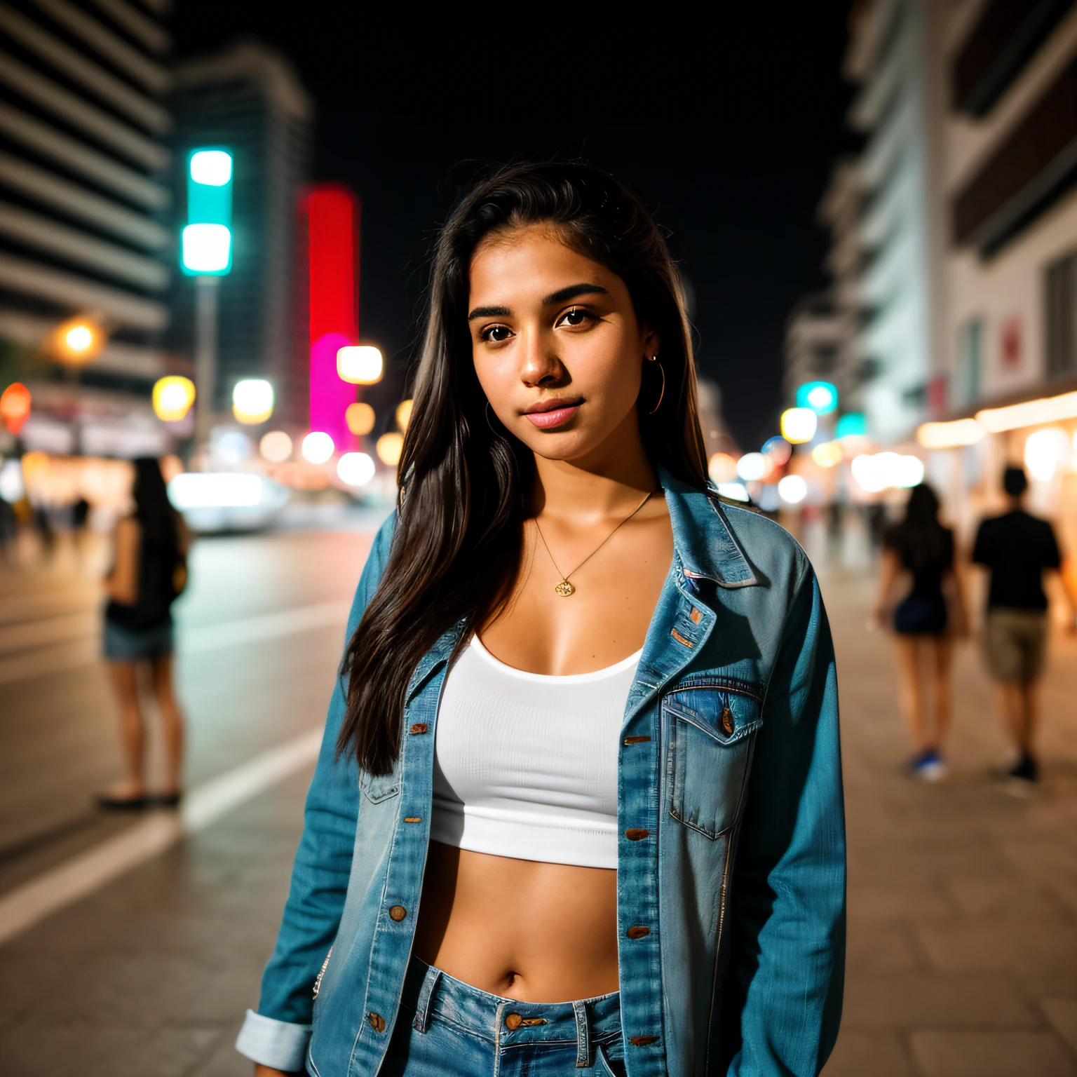 RAW photo, a portrait photo of 20 y.o brazilian woman in casual clothes, nigth, city street, (high detailed skin:1.2), 8k uhd, dslr, soft lighting, high quality, film grain, Fujifilm XT3, dubai background