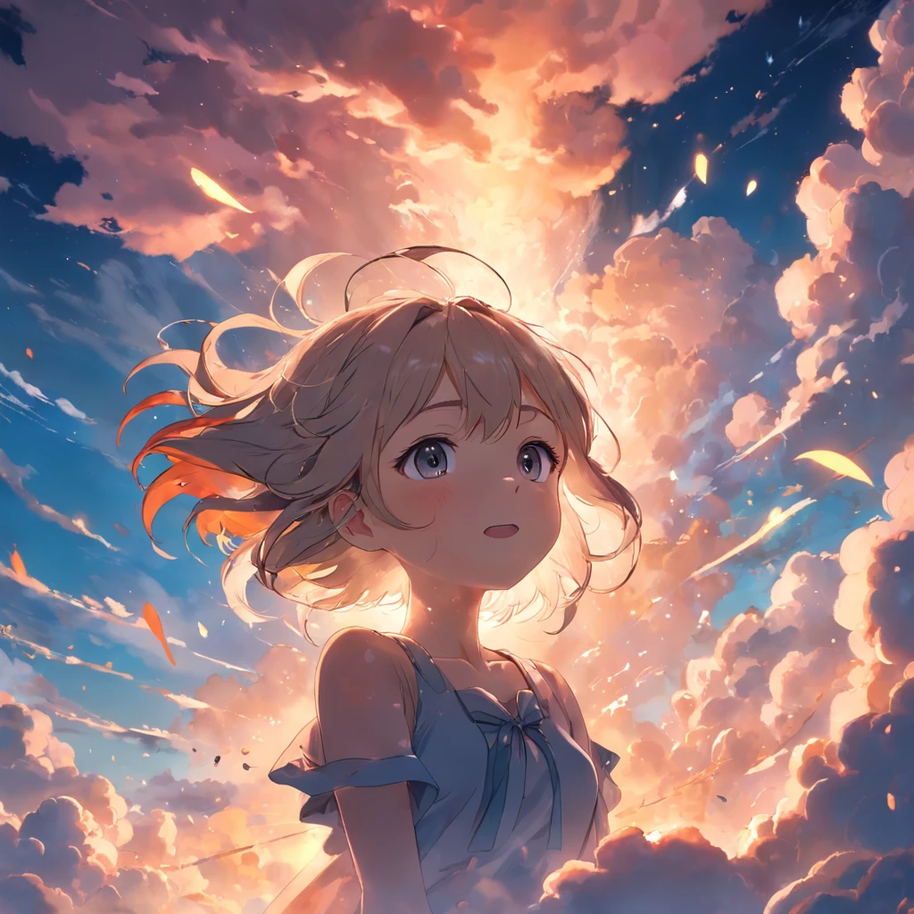masterpiece, best quality, movie still, 1girl, cloud girl, floating in the sky, close-up, bright, happy, warm soft lighting, sunset, (sparks:0.7)