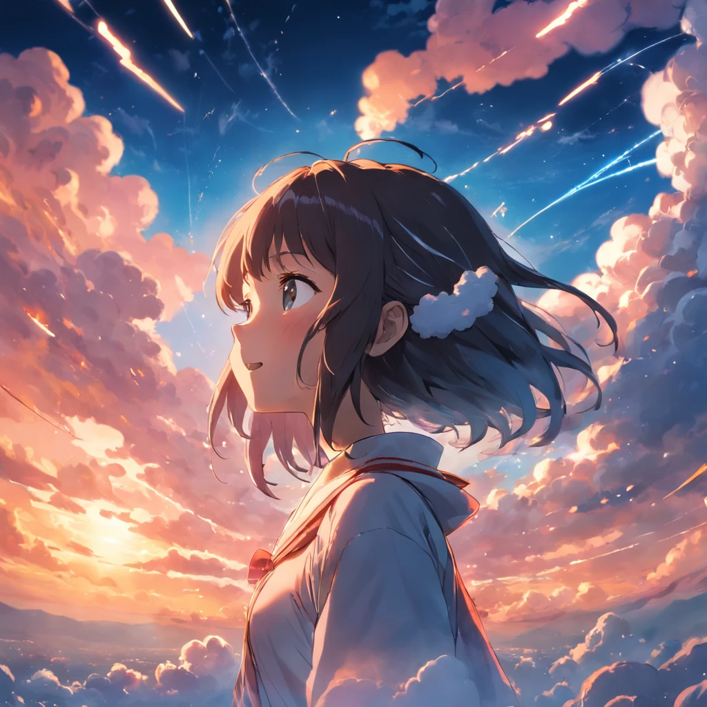 masterpiece, best quality, movie still, 1girl, cloud girl, floating in the sky, close-up, bright, happy, warm soft lighting, sunset, (sparks:0.7)