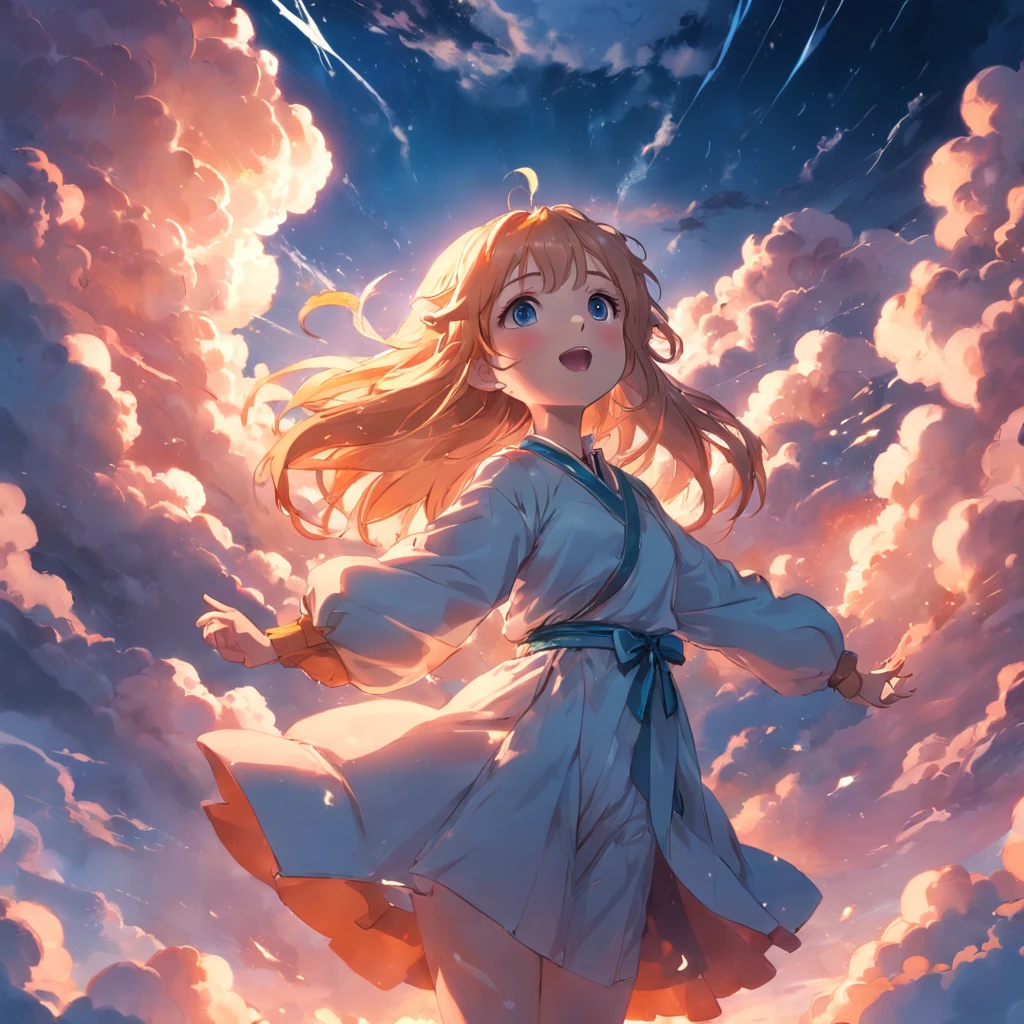 masterpiece, best quality, movie still, 1girl, cloud girl, floating in the sky, close-up, bright, happy, warm soft lighting, sunset, (sparks:0.7)