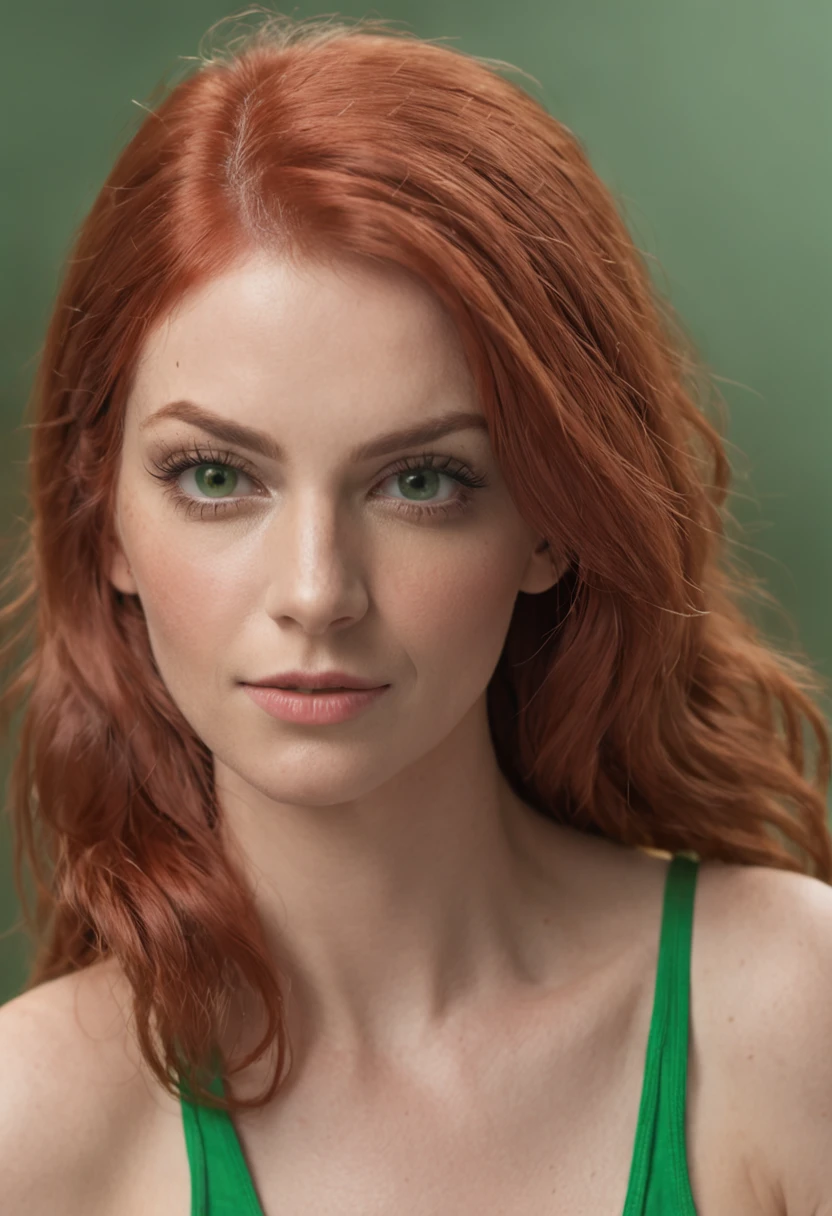 Make a realistic image of a red-haired woman with green eyes in panties and green bra, Bonito, com 30 anos de idade, low water, batom vermelho, olhos com delineador, corpo bonito, em um quarto, de corpo inteiro, de salto alto preto.