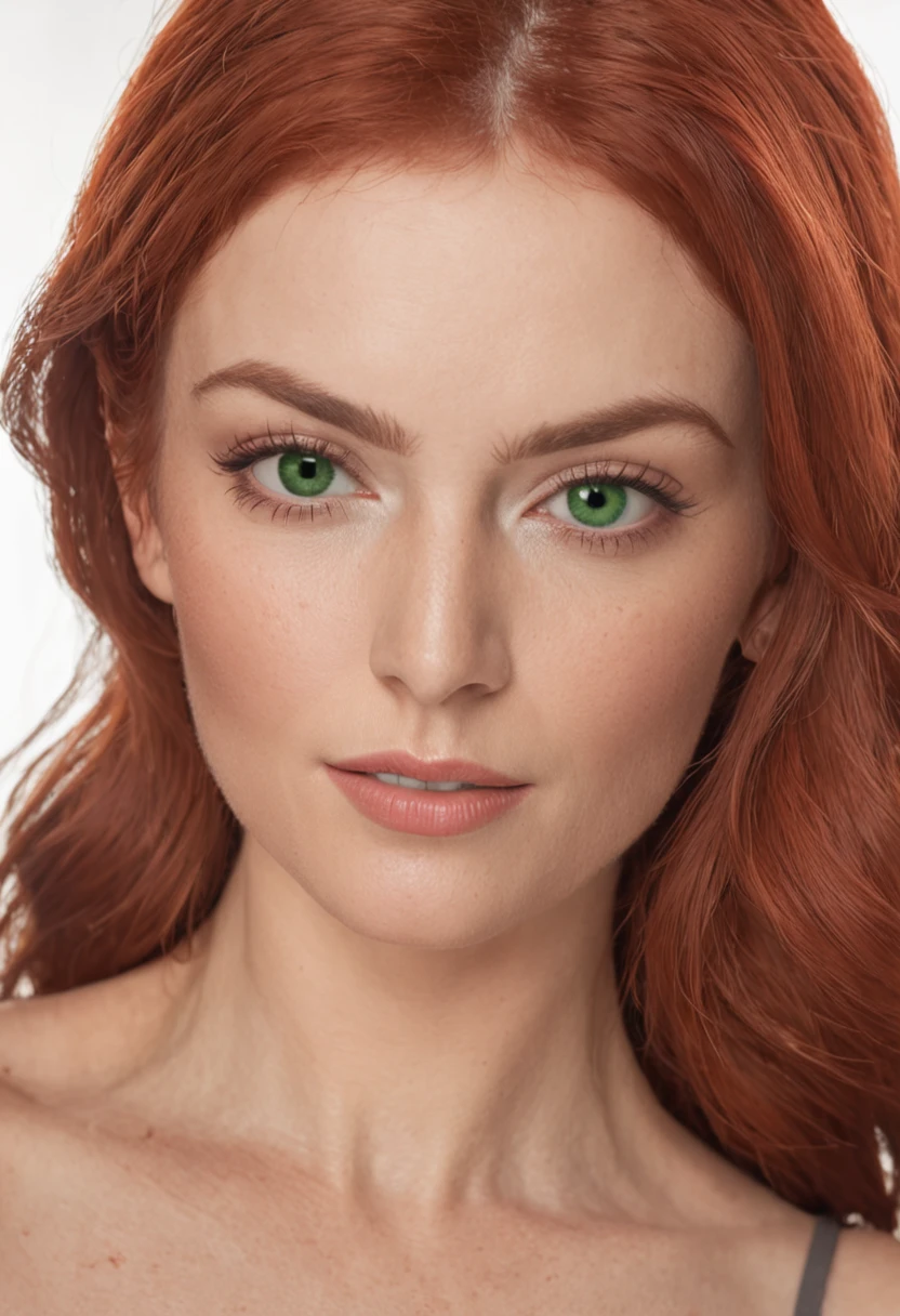 Make a realistic image of a red-haired woman with green eyes in panties and green bra, Bonito, com 30 anos de idade, low water, batom vermelho, olhos com delineador, corpo bonito, em um quarto, de corpo inteiro, de salto alto preto.