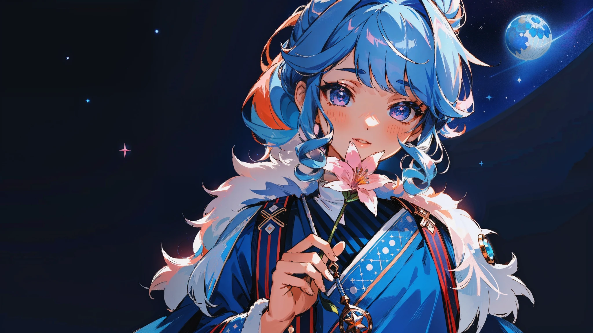 ((tmasterpiece)), (((beste-Qualit))), Tragic pose, A Deep Look, sly look, illustartion, 1 girl, holding flower, Sniffing a flower, The lips are hidden behind a flower, Flower blue, Majestic view, Princess, (multi-colored hair, Hair gradient, Hair color from blue to peach, pink curls, orange hair ends, (without bangs), curly curl on the cheek, hairstyle: high ponytail, long tail), The eyes are crimson-red, A detailed eye, long eyelashes, narrowed eyes, big breastes, Regular, (Traditional blue costume, Clothing of a northern character, fur, Layering of clothes, Small Blue Gemstones, white patterns on the fabric in the form of stars), Simple background, Dark tones, around dark, moon light
