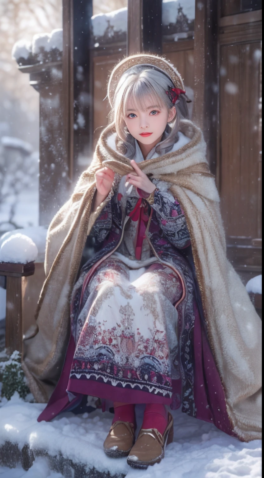 ((Works of masters))，(超高分辨率)，1 girl, Sitting, ta costume，Cloak (Snow, Outdoor activities in winter:1.2),Outside the castle，8K，Detailed details，mirth，