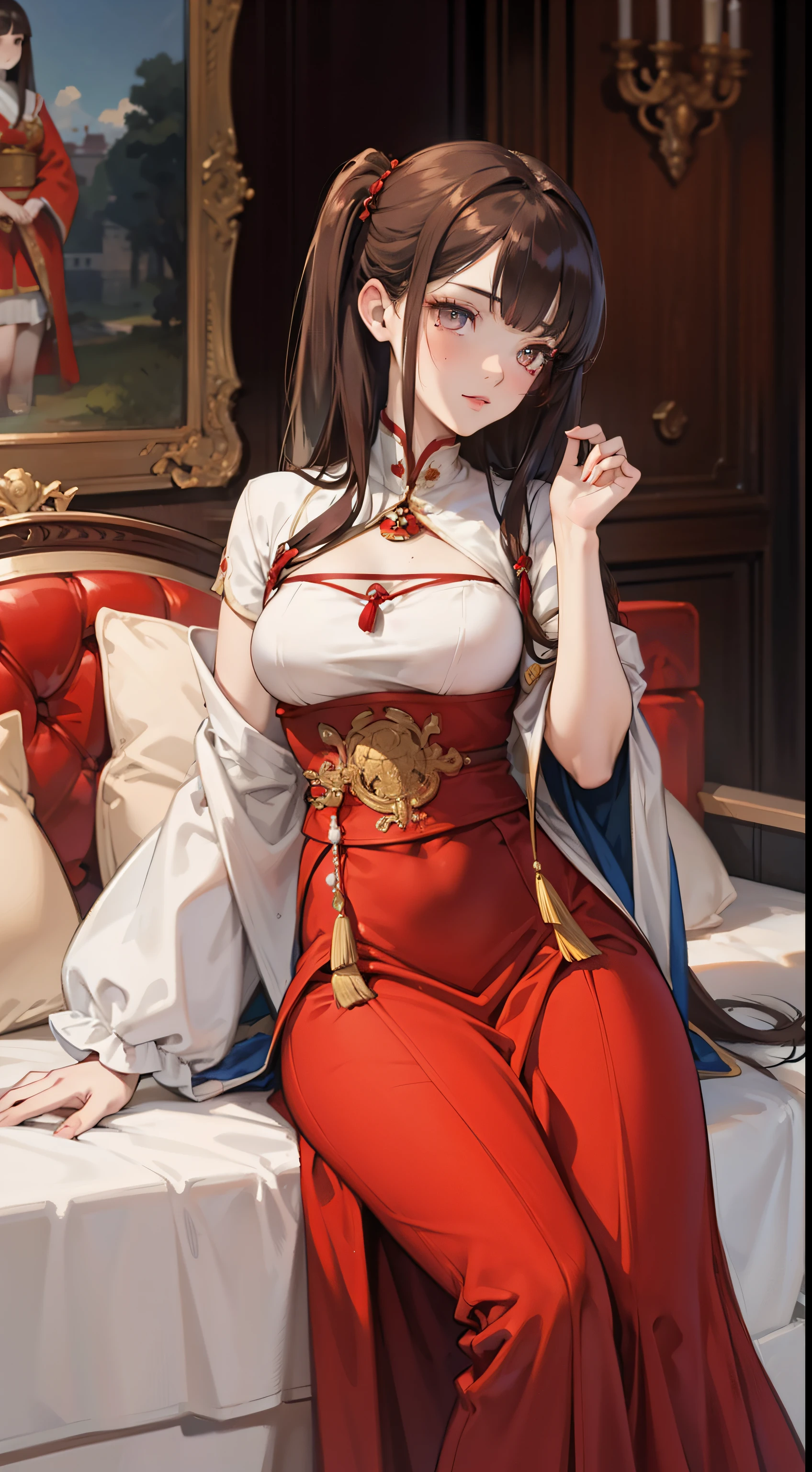 ultra-detailed, Super detailed, vivid colors, anime, unreal engine 5, studio lighting, red eyes, Garden background, Aesthetic, romantic, Luna, Brown hair, Sexy, Brunette, long Brown hair, knot top shit, long hair, country girl, bright ruby Red Eyes, qipao dress