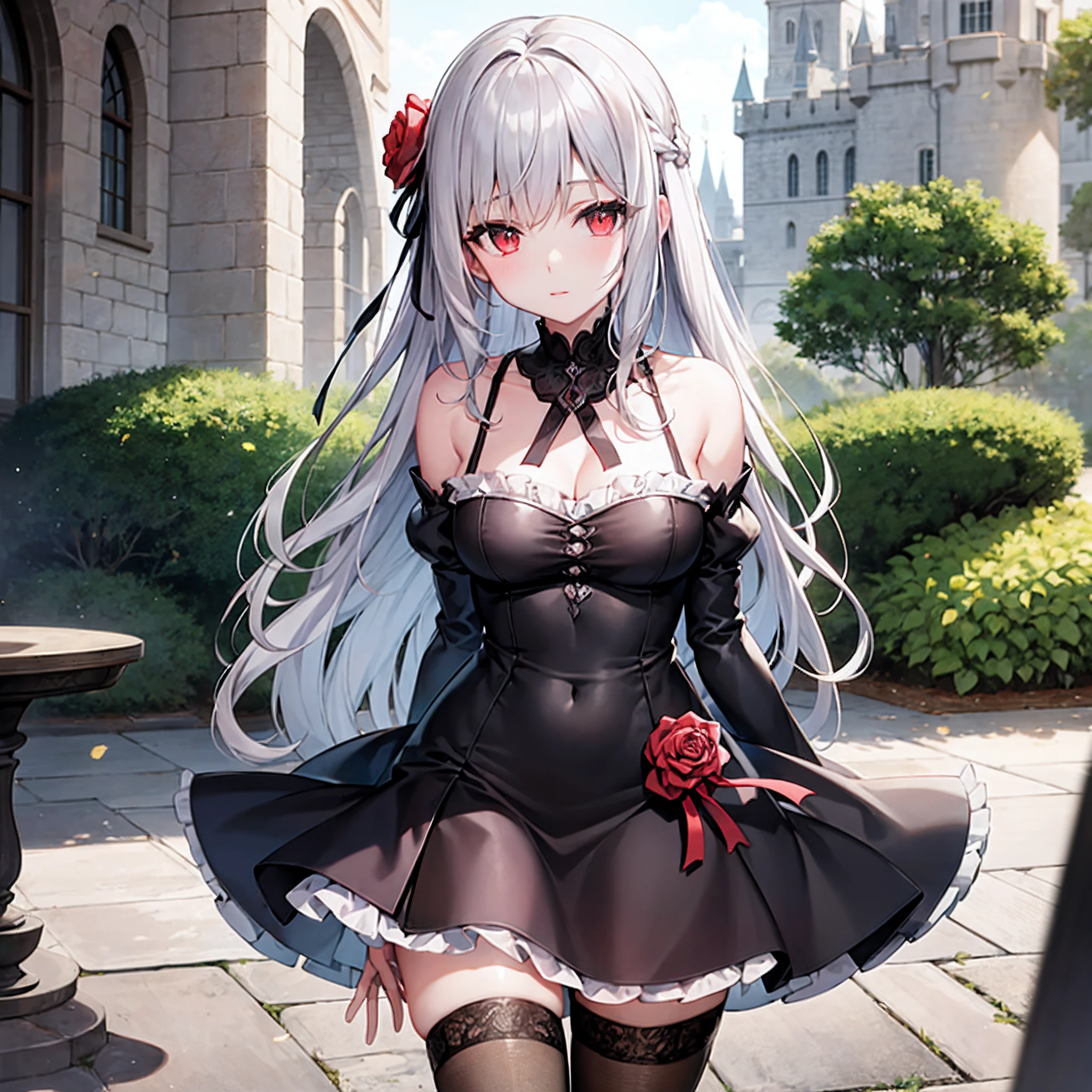 wavy silver hair、red eyes、Beautiful girl alone、doress、off shoulders、a miniskirt、Western-style castle、roses、Black tights