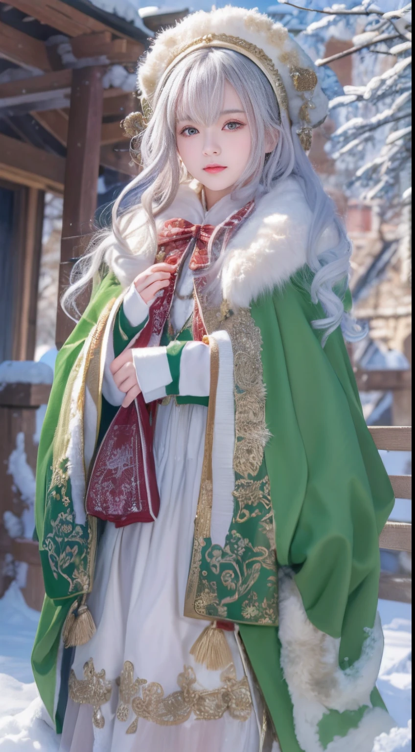 ((Works of masters))，(超高分辨率)，1 girl, Sitting, Lolita costume，Cloak (Snow, Outdoor activities in winter:1.2),Outside the castle，8K，Detailed details，mirth，
