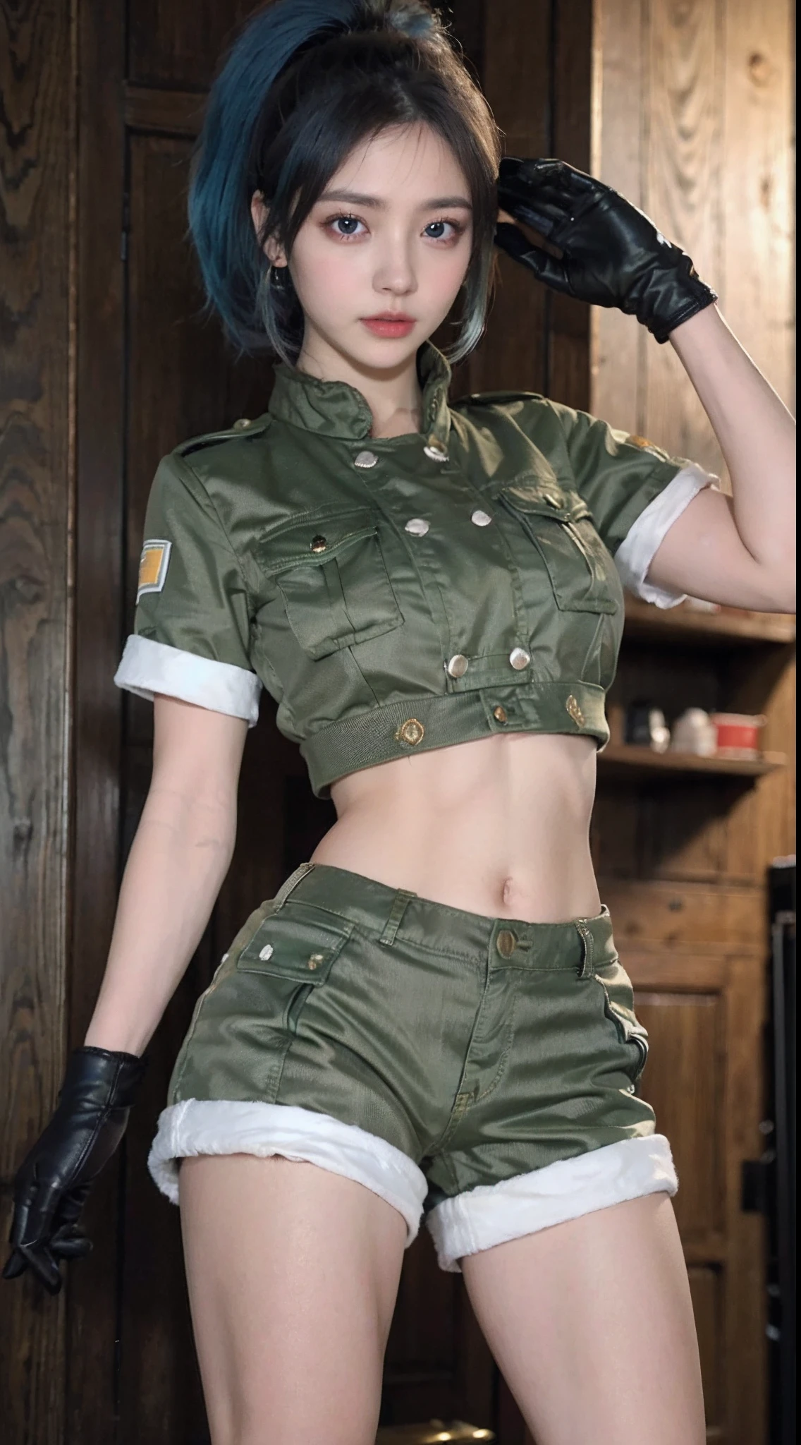 masterpiece,, best quality, highres, 1girl, leona heidern, blue hair, blue eyes, ponytail, green shorts, midriff, crop top, black gloves, breasts, military uniform, green jacket, earrings, jewelry, navel, large breasts, cowboy shot,