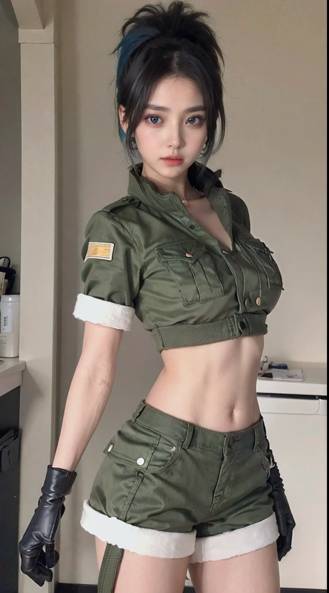 masterpiece,, best quality, highres, 1girl, leona heidern, blue hair, blue eyes, ponytail, green shorts, midriff, crop top, black gloves, breasts, military uniform, green jacket, earrings, jewelry, navel, large breasts, cowboy shot,