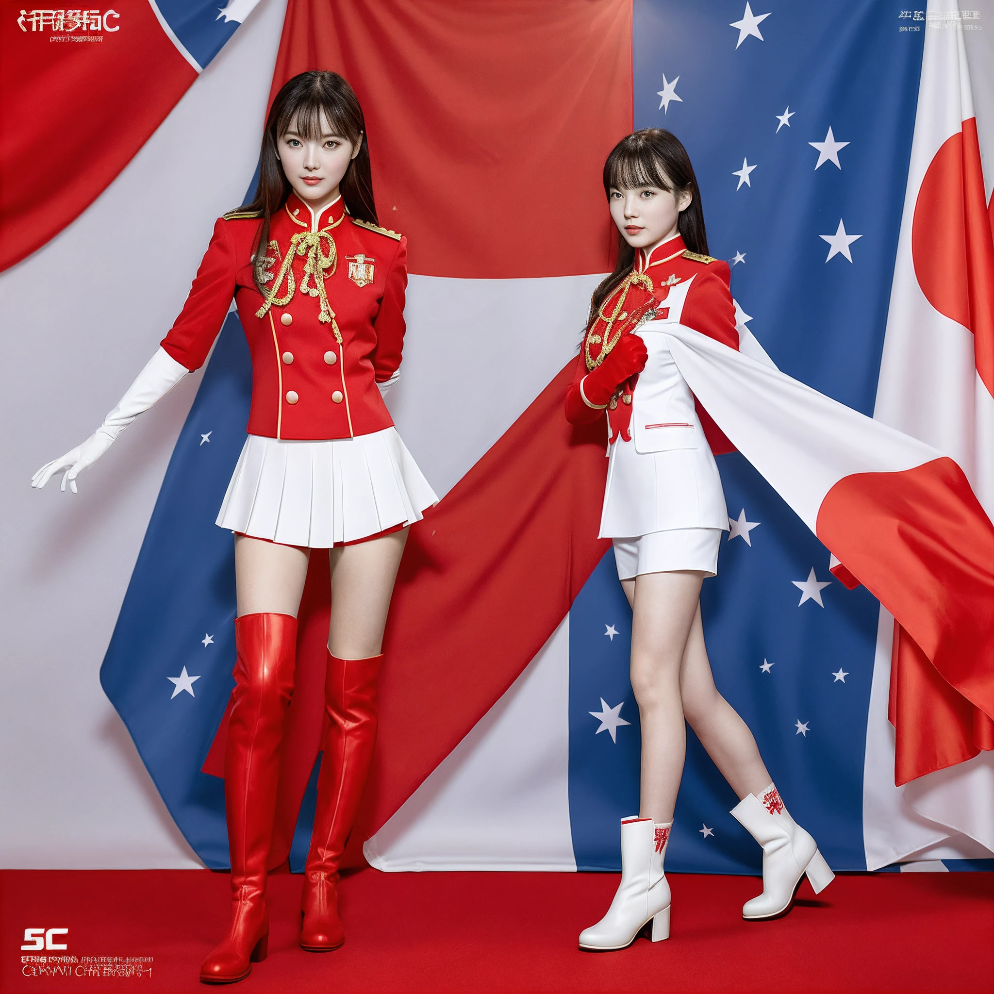 High-end CG screen:Superhero Five-Star Red Flag Girl wearing a delicate Chinese Five-Star Flag logo uniform，Wear red gloves on both hands+Wear red boots on your feet+National flag，The whole body exudes the superpowers of a five-star red flag girl，，，soio，Full body shooting CG superpowers