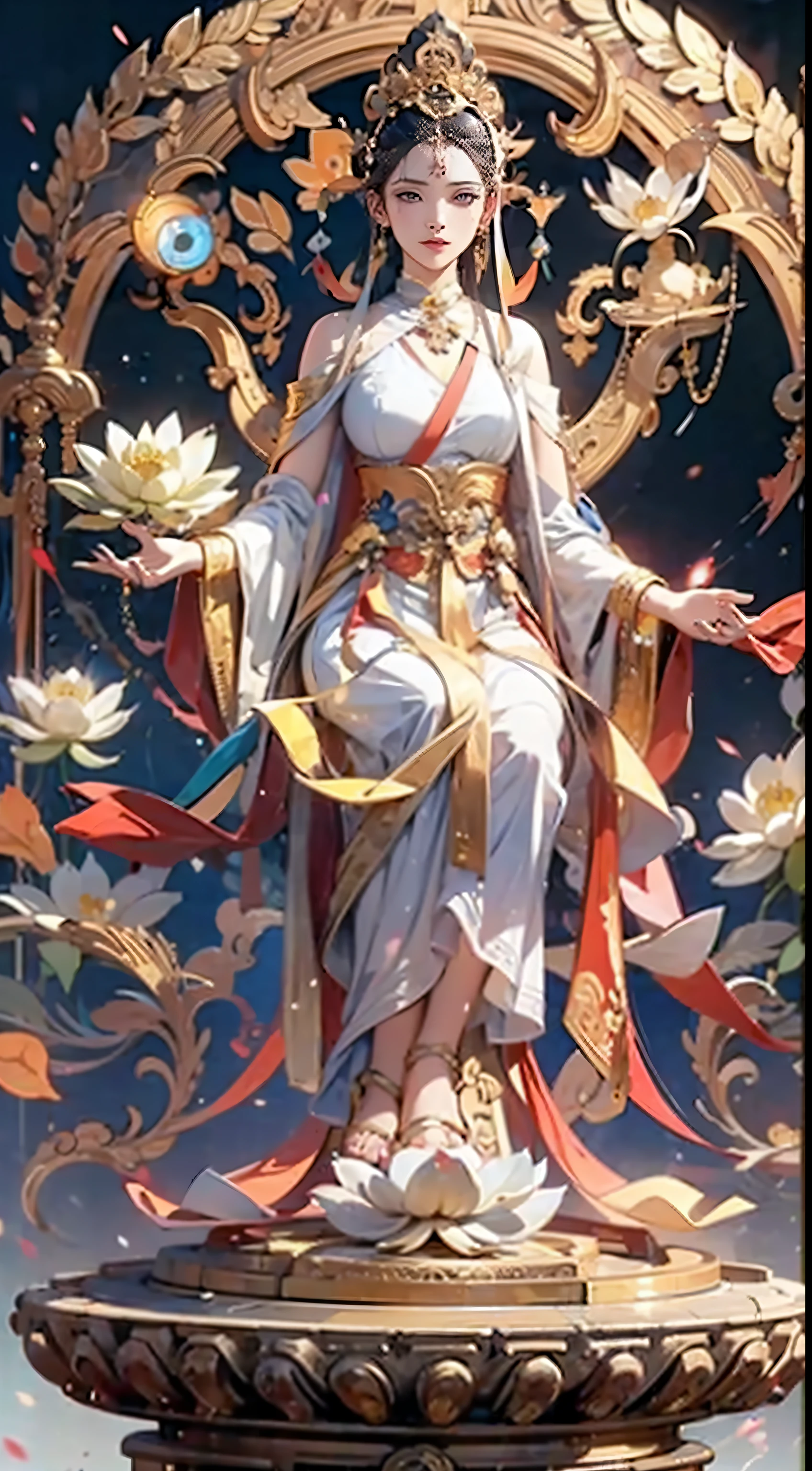 （Chinese immortals）, （Buddhism）, Multip_Hands，（mythological stories）, （bodhisattva）, She sits on a lotus, （Six arms stretched out from her back, Each hand holds a different Buddhist vessel, left right symmetry），（Delicate and beautiful face）, （White silk robe）sitting on a lotus flower, Frontal photo，Light smile, neo-classical, OP Art, Chiaroscuro, Cinematic lighting, god light, Ray tracing, character sheets, projected inset, first person perspective, hyper HD, Masterpiece, ccurate, Textured skin, Super detail, High details, High quality, Award-Awarded, Best quality, A high resolution, 8K
