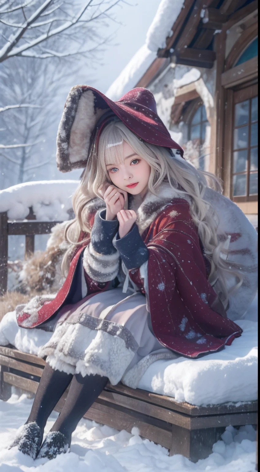 ((Works of masters)),(超高分辨率),1 girl, Sitting, ta costume,Cloak (Snow, Outdoor activities in winter:1.2),Outside the castle,8K,Detailed details,mirth,