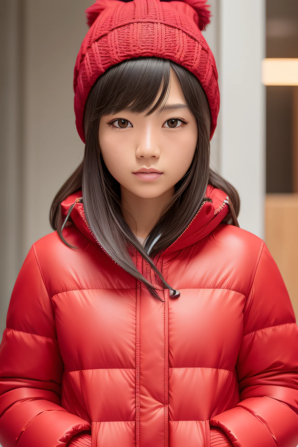 one Japanese girl, Dark hair, short-cut, Dark eyes, Wearing a red knitted hat, Red Down Jacket, Control your iPhone, Looking at the front, Front Angle, Bangs, Closed mouth, Cowboy Shot, F/2.8, 135 mm, Sony FE GM, nffsw, retinas, masutepiece, ccurate, Anatomically correct, Textured skin, Super Detail, high details, High quality, Best Quality, hight resolution, 1080p, hard disk, 4K, 8K
