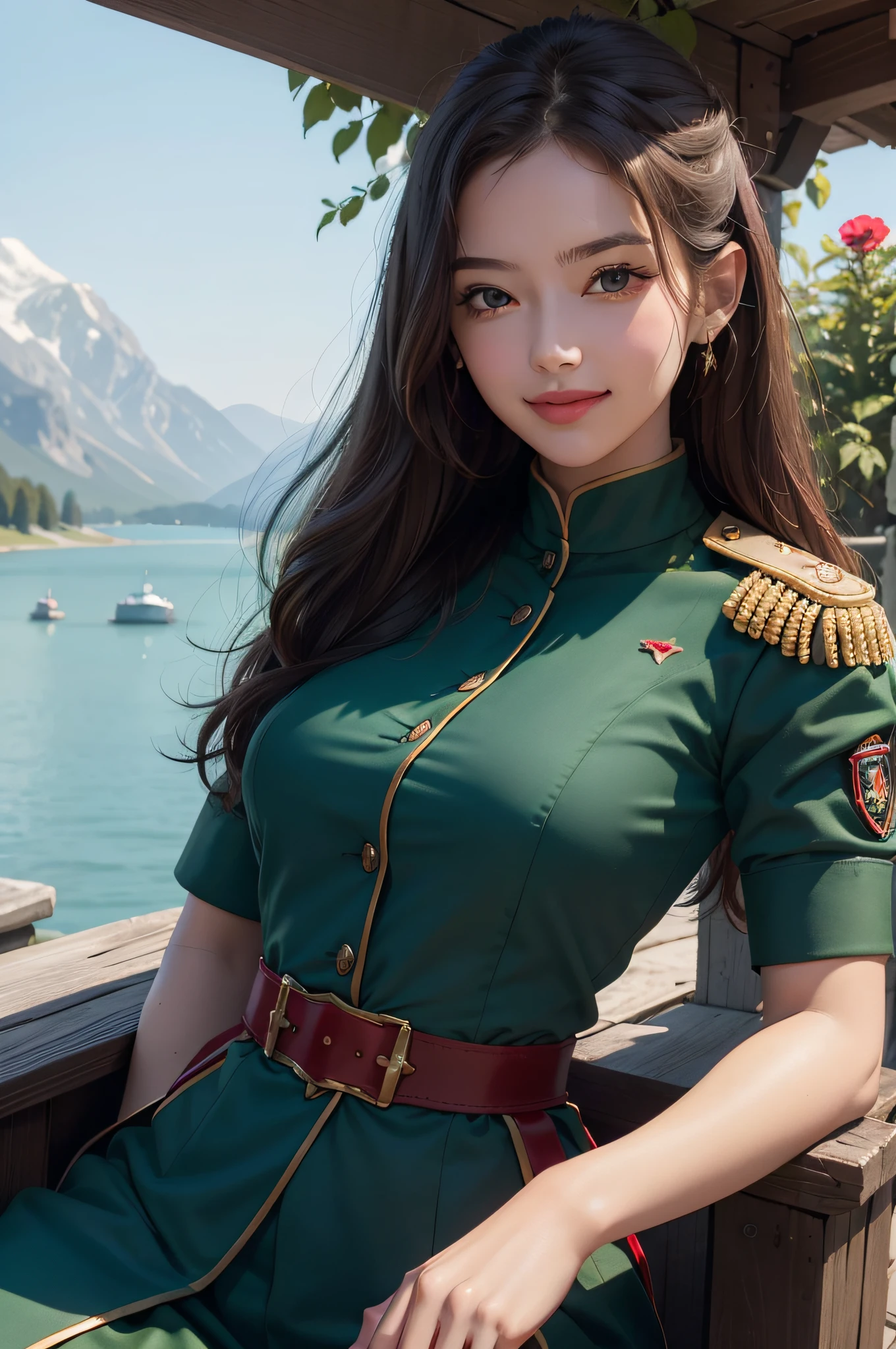 A beautiful girl,Sweet smile,(Smooth face details:1.6),(Red epaulettes:1.6),(Fighting posture:1.3),Wearing a green military uniform,fresh flowers,lakes,parks,A high resolution,SLR camera