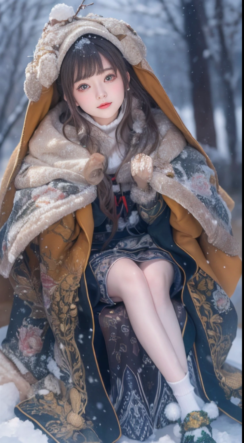 ((Works of masters)),(超高分辨率),1 girl, Sitting, ta costume,Cloak (Snow, Outdoor activities in winter:1.2),Outside the castle,8K,Detailed details,mirth,
