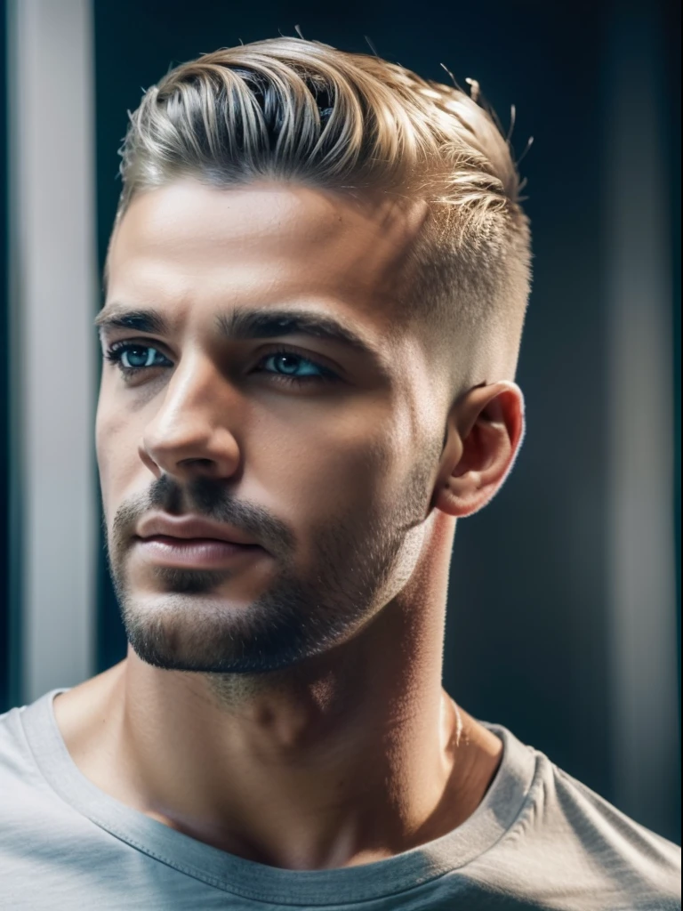 Crie uma ((fotografia realista)) of a handsome (homem de 50 anos), homem (blonde with short military hair), homem com (corpo definido),  (((wearing cargo pants e um t-shirt))), ((casual clothing)), de alta qualidade, (qualidade intrincada), (detalhes intrincados), (destaque o homem no centro da foto), em uma (pose sexy e masculina), use uma ((luz intensa difusa sem sombras)), rosto perfeitamente iluminado, foco nos olhos brilhantes e cor de mel, Highlight the big natural lips and big nose, use a melhor qualidade:  big nose, chromatic aberration abuse, UHD, retina, masterpiece, ccurate, (((anatomically correct))), textured skin, super detail, high details, high quality, award winning, best quality, highres, 1080P, HD, 4K, 8k, 16k --q 5