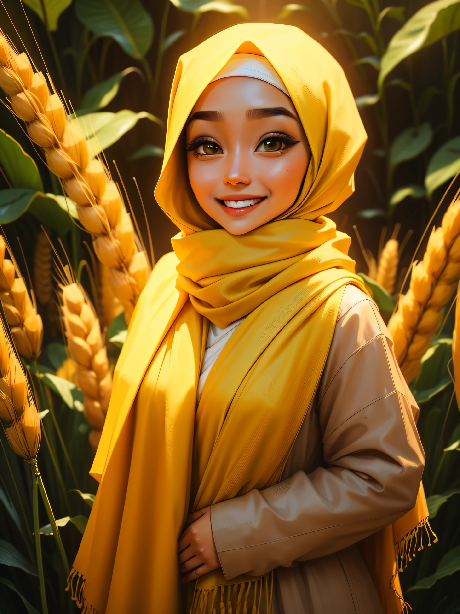 a close up of a woman wearing a tan hijab and a tan dress, cute face, beauty girl, big eyes, close up, smile, good face, in green plant background, wearing wheat yellow gauze, hijab, in a hijab, inspired by Tang Di, inspired by Naza, inspired by Nazmi Ziya Guran, flowing golden scarf, with yellow cloths, shawl, zenra taliyah, dilraba dilmurat, inspired by JoWOnder, malaysian