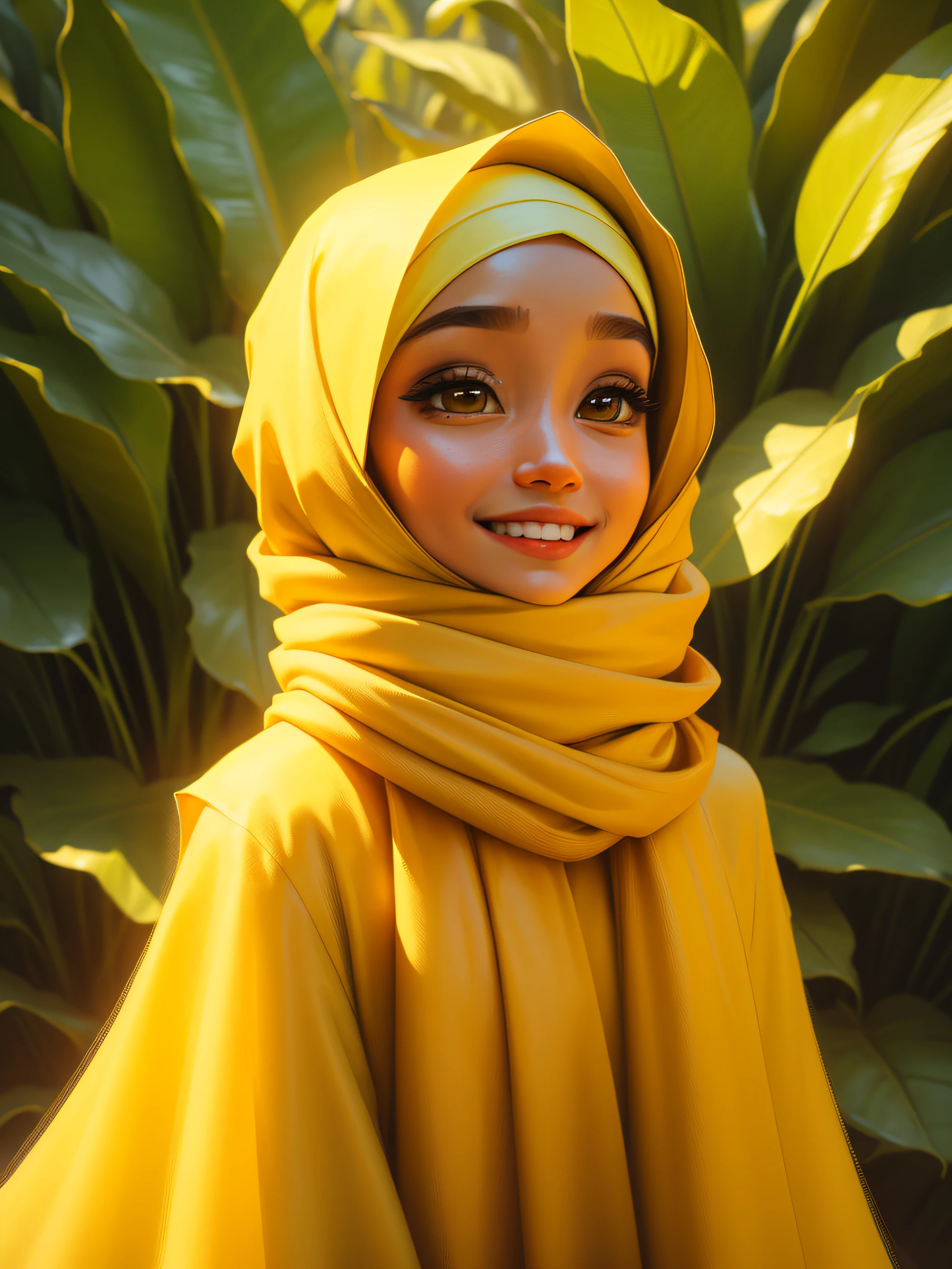 a close up of a woman wearing a tan hijab and a tan dress, cute face, beauty girl, big eyes, close up, smile, good face, in green plant background, wearing wheat yellow gauze, hijab, in a hijab, inspired by Tang Di, inspired by Naza, inspired by Nazmi Ziya Guran, flowing golden scarf, with yellow cloths, shawl, zenra taliyah, dilraba dilmurat, inspired by JoWOnder, malaysian
