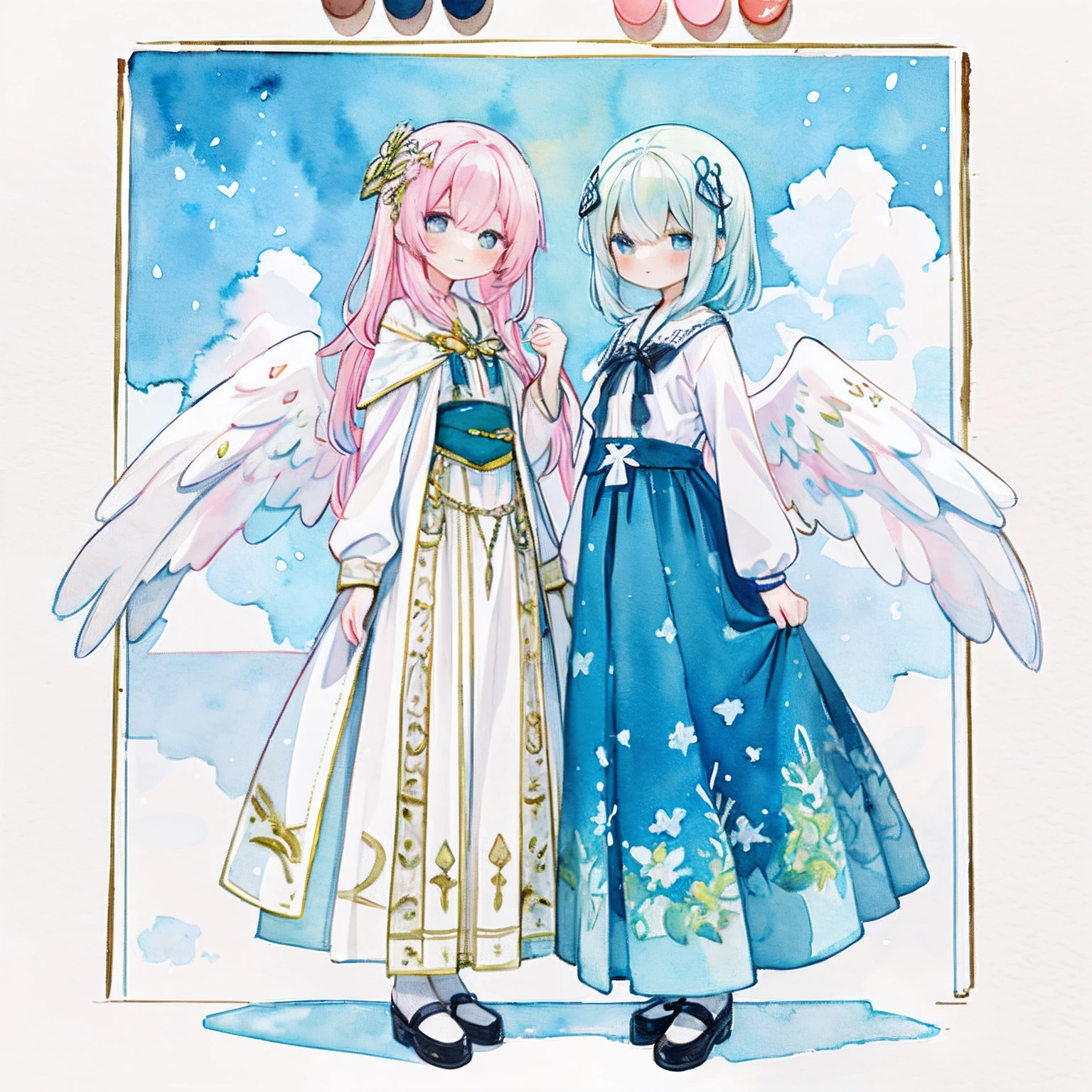 (PastelColors:1.3)、(Cute illustration:1.3)、(watercolor paiting:1.1)、
Detailed background、1girl in、Charming smile、Beautifully detailed、Moya、colourfull、marble、Particles of light、patterns、
Detailed drawing、Vibrant colors、striking contrast、intricate detailes、Delicate depiction、full body Esbian、
Beautiful facial features、God's garment、Deities、In the clouds、aureola、the angel's wings、Great Wings、cloths、Long skirt
