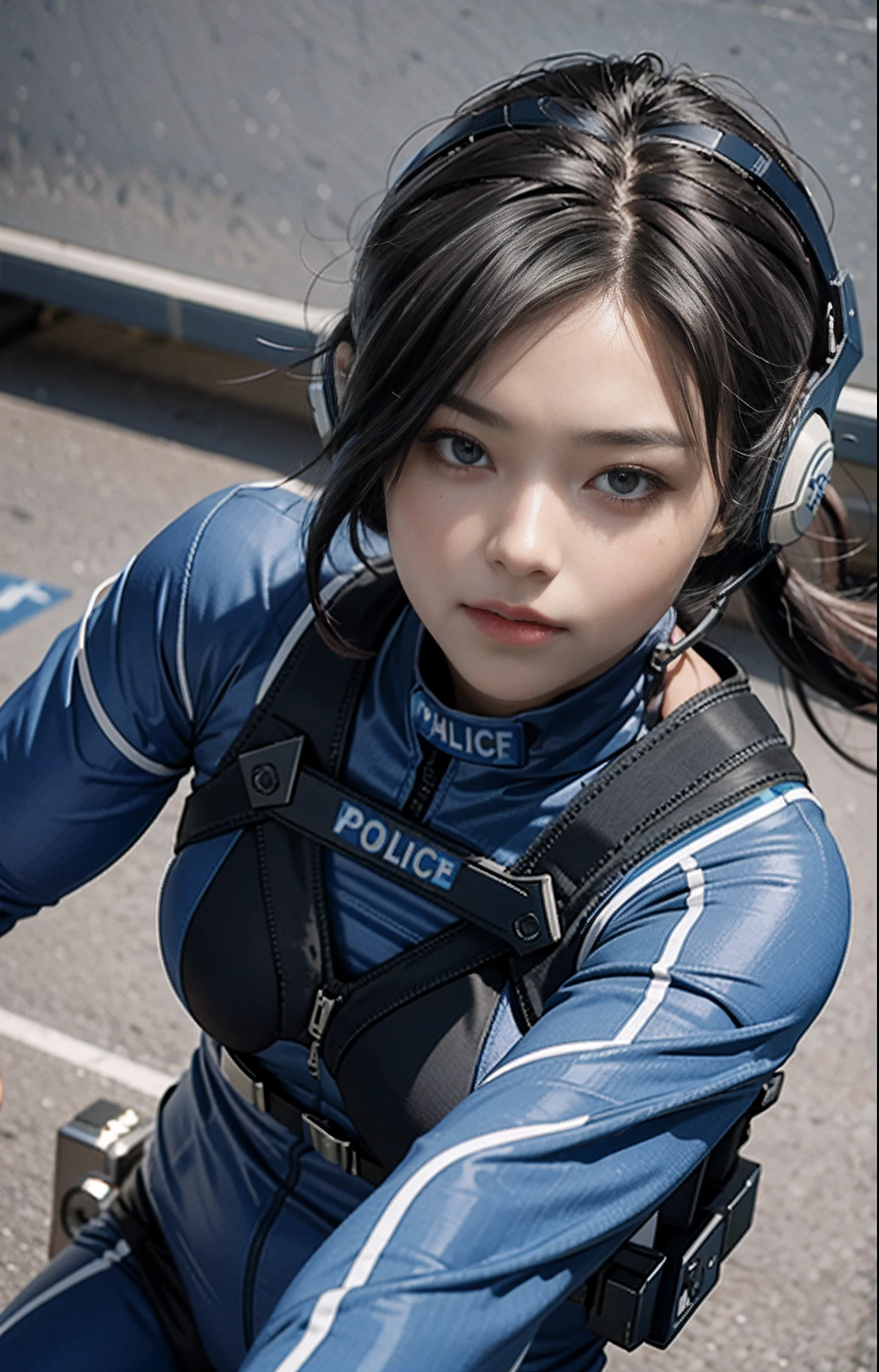 Highest image quality, outstanding details, ultra-high resolution, (realism: 1.4), ((close up:1.25)), highly condensed 1lady, with beautiful and a delicate face, perfect proportion, (Kicking To Viewer), (chubby:0.3, small breasts), (cloths color base ratio blue:0.4 white:0.3 other-color:0.3), (wearing racing suit likes police uniform, black and gray mecha, wearing high-tech headset, military harness, holding a machinegun), captain, background simple gray wall,