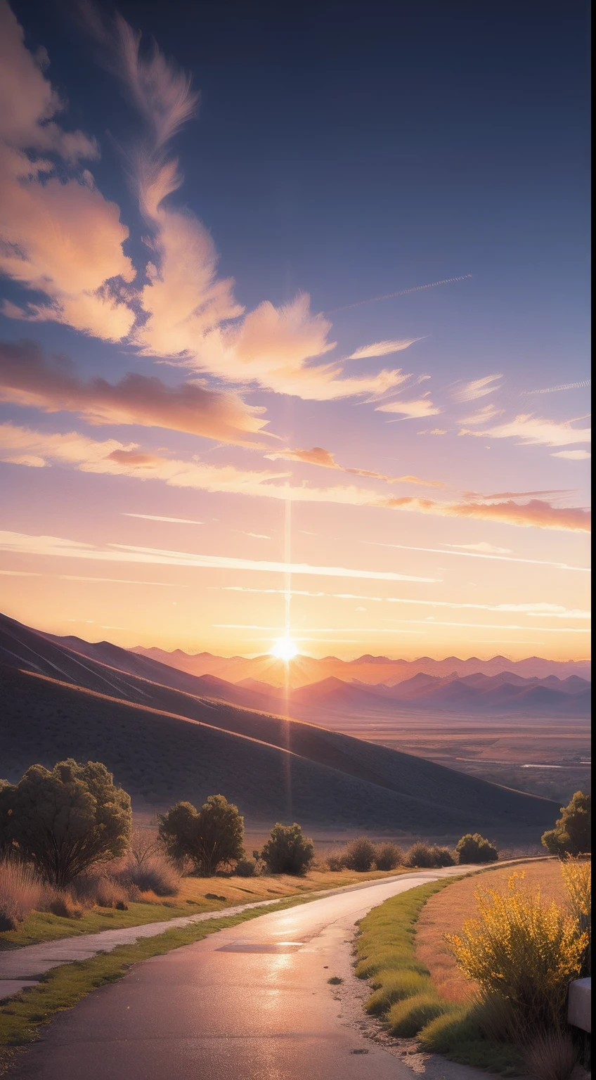 Colorful sunset in the spring mountains, Realistic